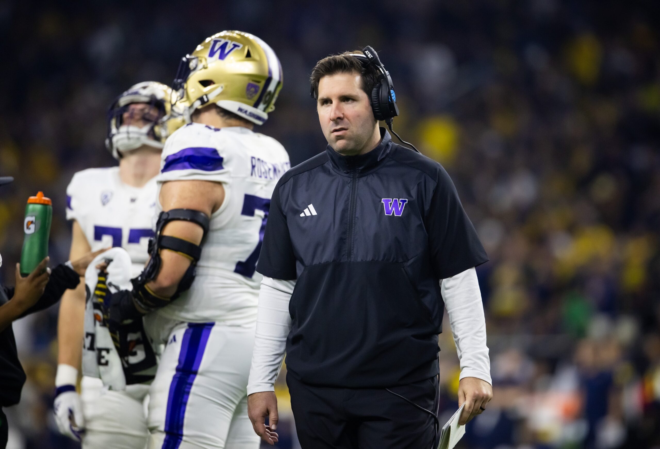 Jan 8, 2024; Houston, TX, USA; Washington Huskies tight ends coach Nick Sheridan against the Michigan Wolverines during the 2024 College Football Playoff national championship game at NRG Stadium.