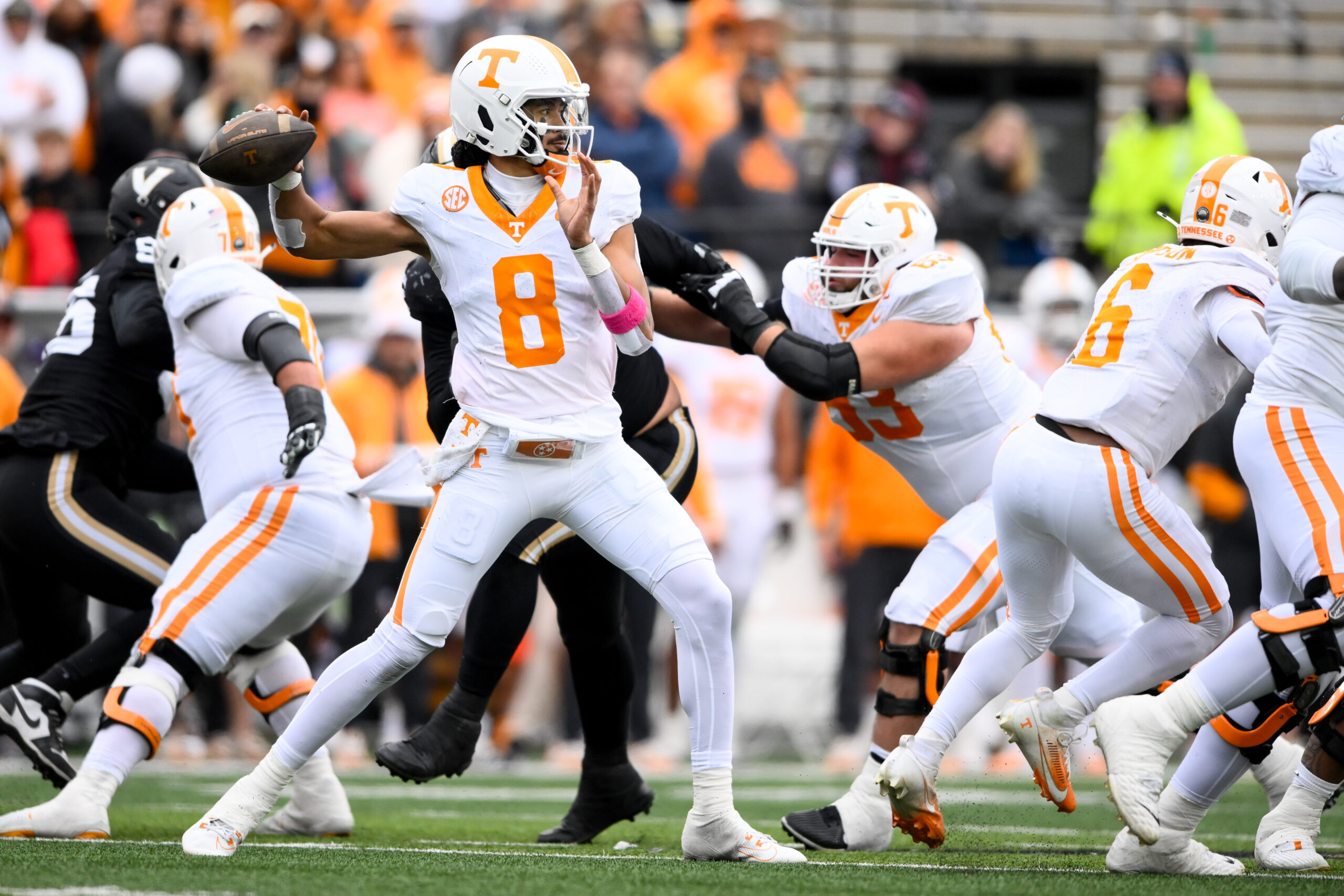 Nov 30, 2024; Nashville, Tennessee, USA; Tennessee Volunteers quarterback Nico Iamaleava (8) passes the ball against the Vanderbilt Commodores during the first half at FirstBank Stadium.
