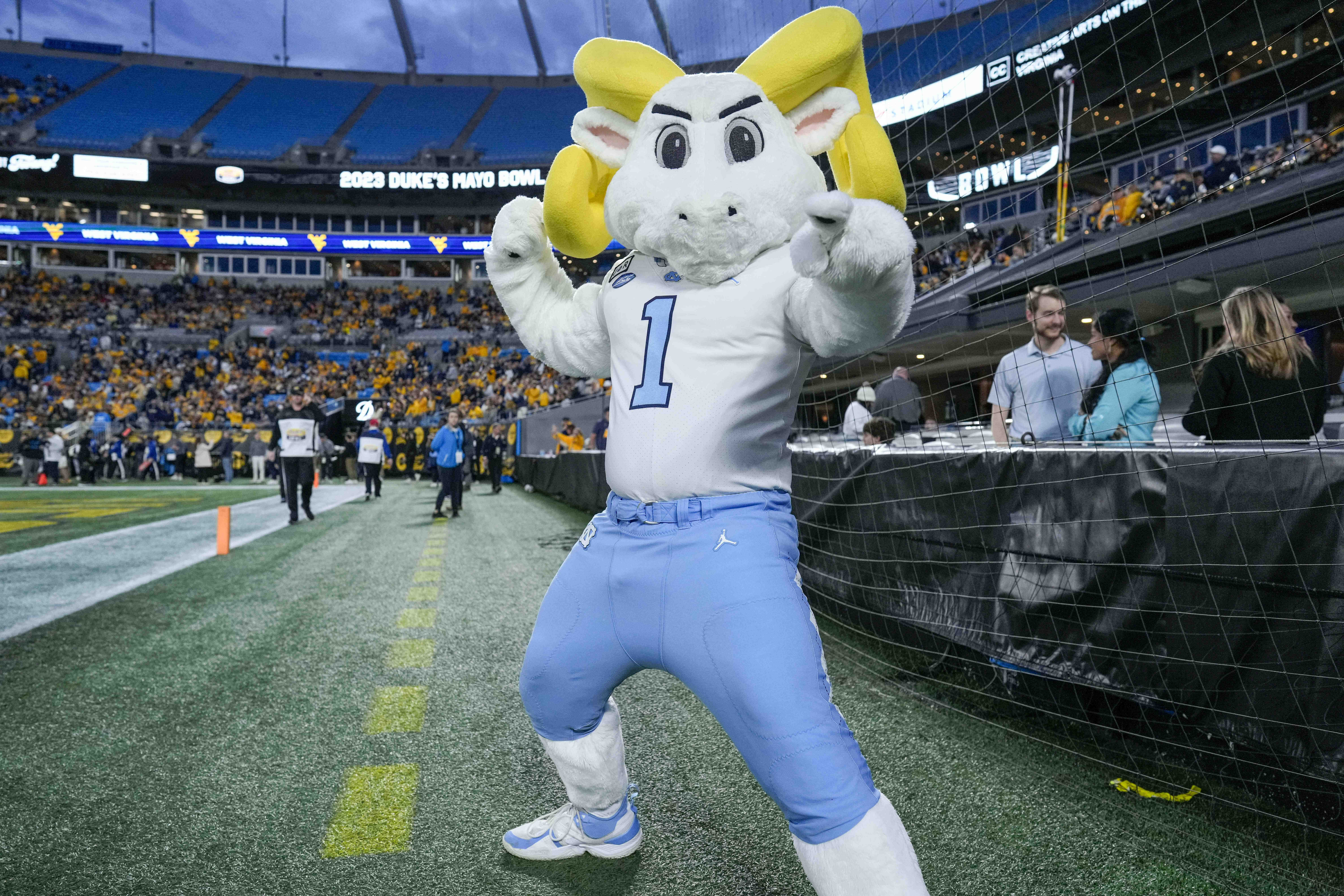 Dec 27, 2023; Charlotte, NC, USA; North Carolina Tar Heels mascot Ramses during the first half against the West Virginia Mountaineers at Bank of America Stadium.