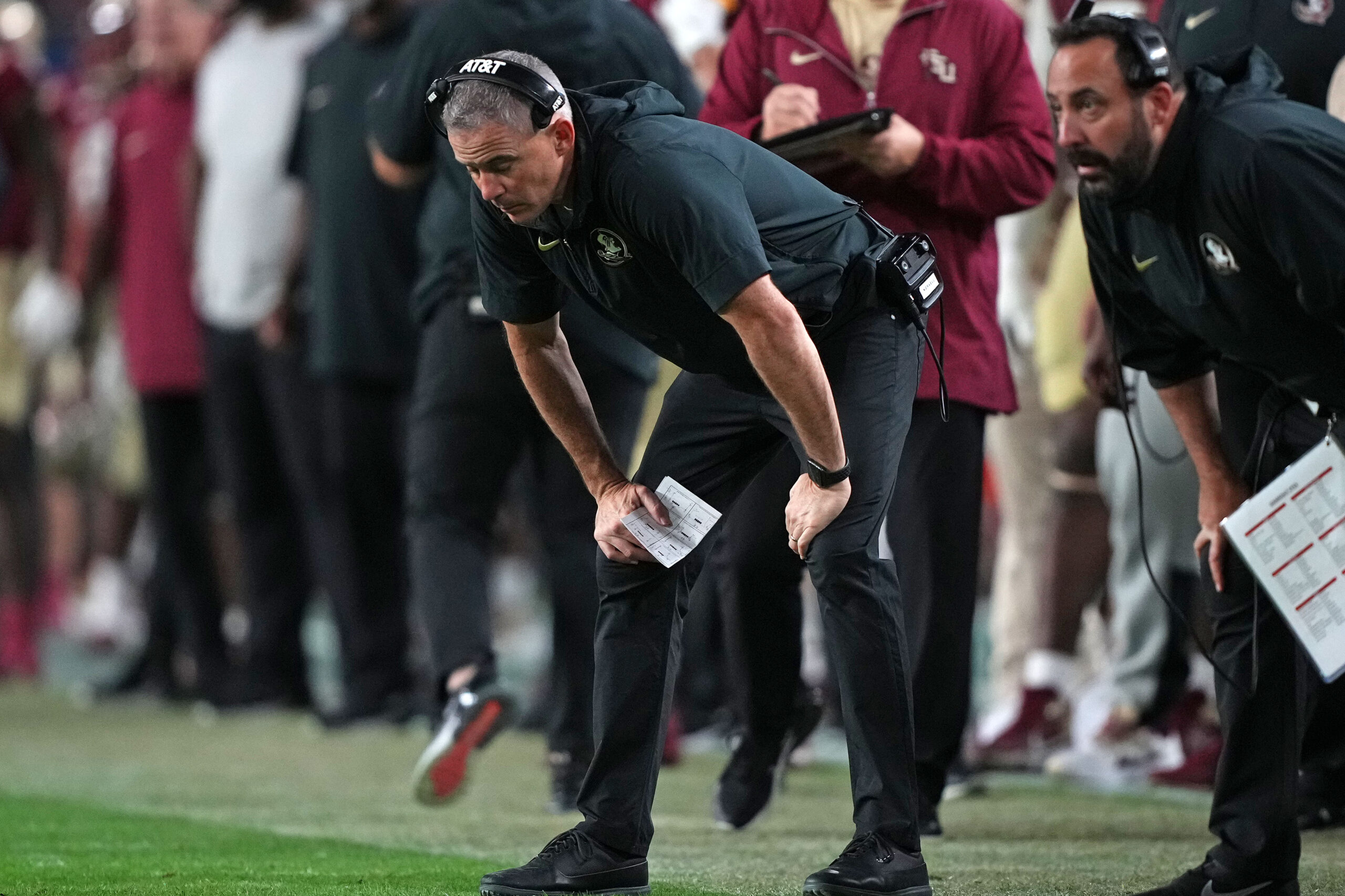 Dec 30, 2023; Miami Gardens, FL, USA; Florida State Seminoles head coach Mike Norvell reacts against the Georgia Bulldogs during the second half in the 2023 Orange Bowl at Hard Rock Stadium.