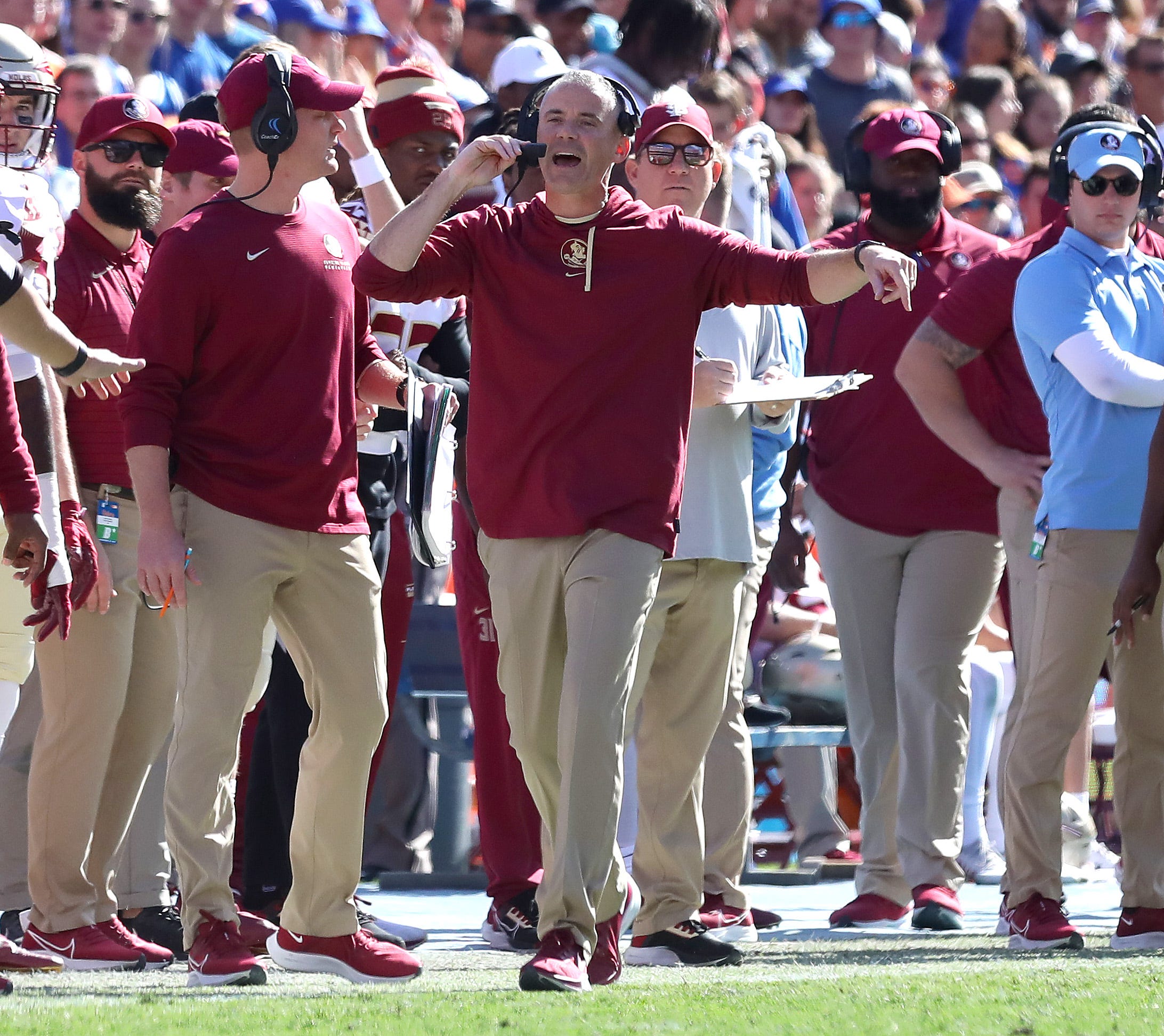 Florida State Seminoles head coach Mike Norvell on the sideline during a game against Florida at Ben Hill Griffin Stadium in Gainesville Fla., Nov. 27, 2021.