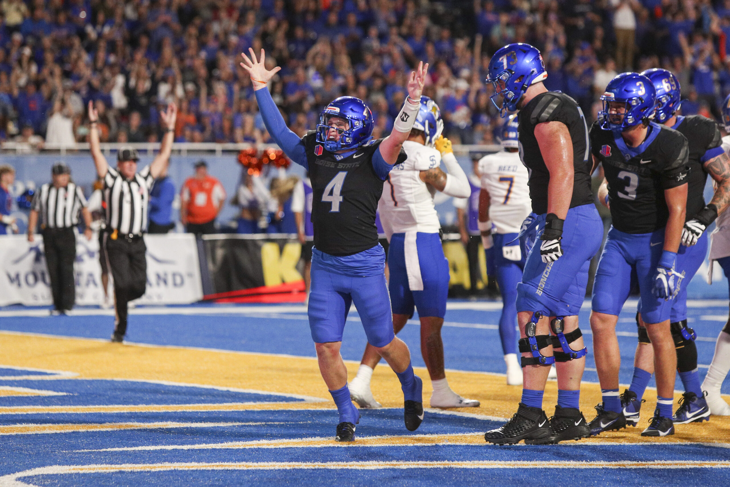 Oct 7, 2023; Boise, Idaho, USA; Boise State Broncos quarterback Maddux Madsen (4) reacts during the first half against the San Jose State Spartans at Albertsons Stadium.