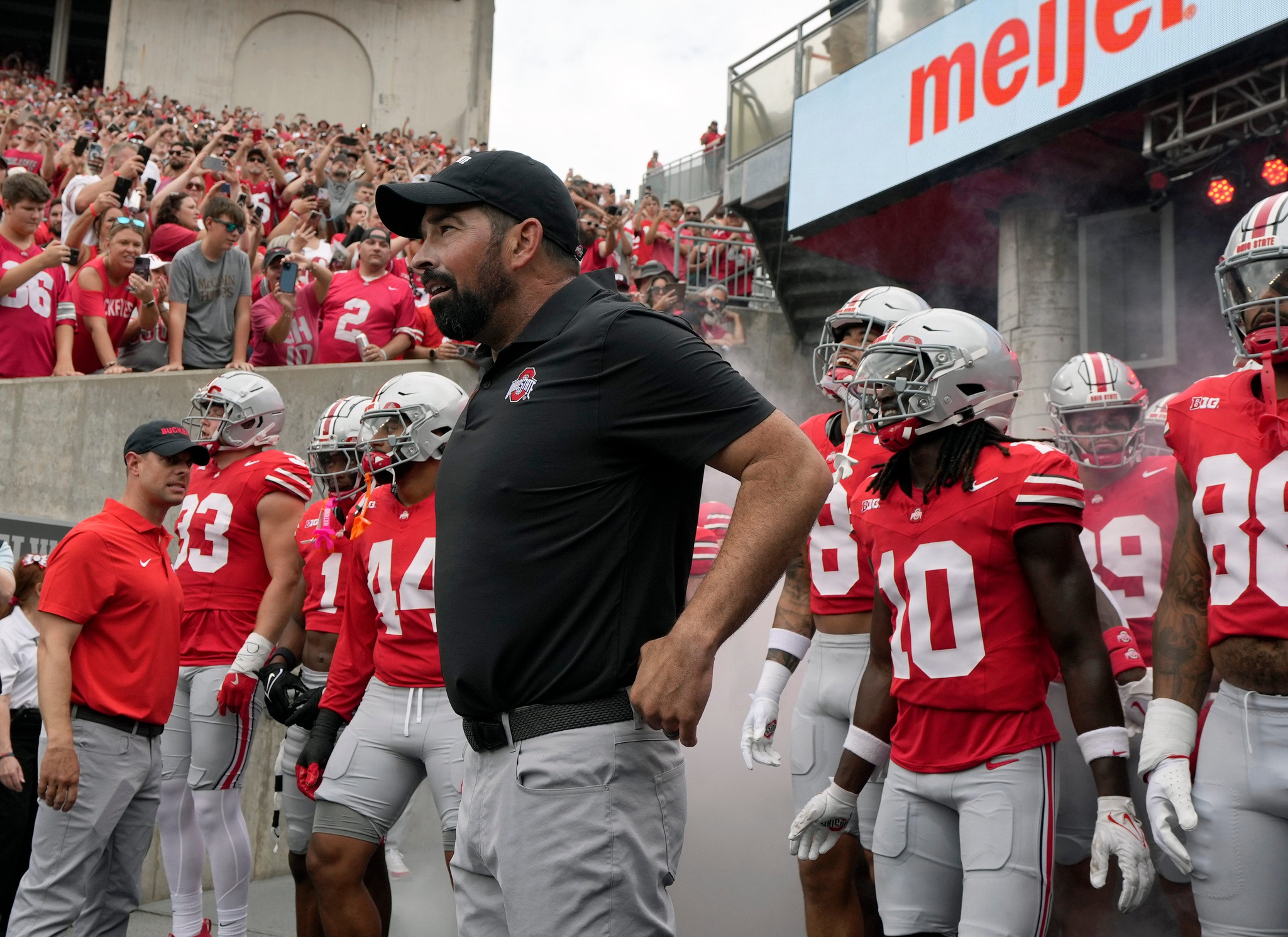 August 31, 2024; Columbus, Ohio, USA; Ohio State Buckeyes head coach Ryan Day prepares to take the field for Saturday’s NCAA Division I football game against the Akron Zips at Ohio Stadium.