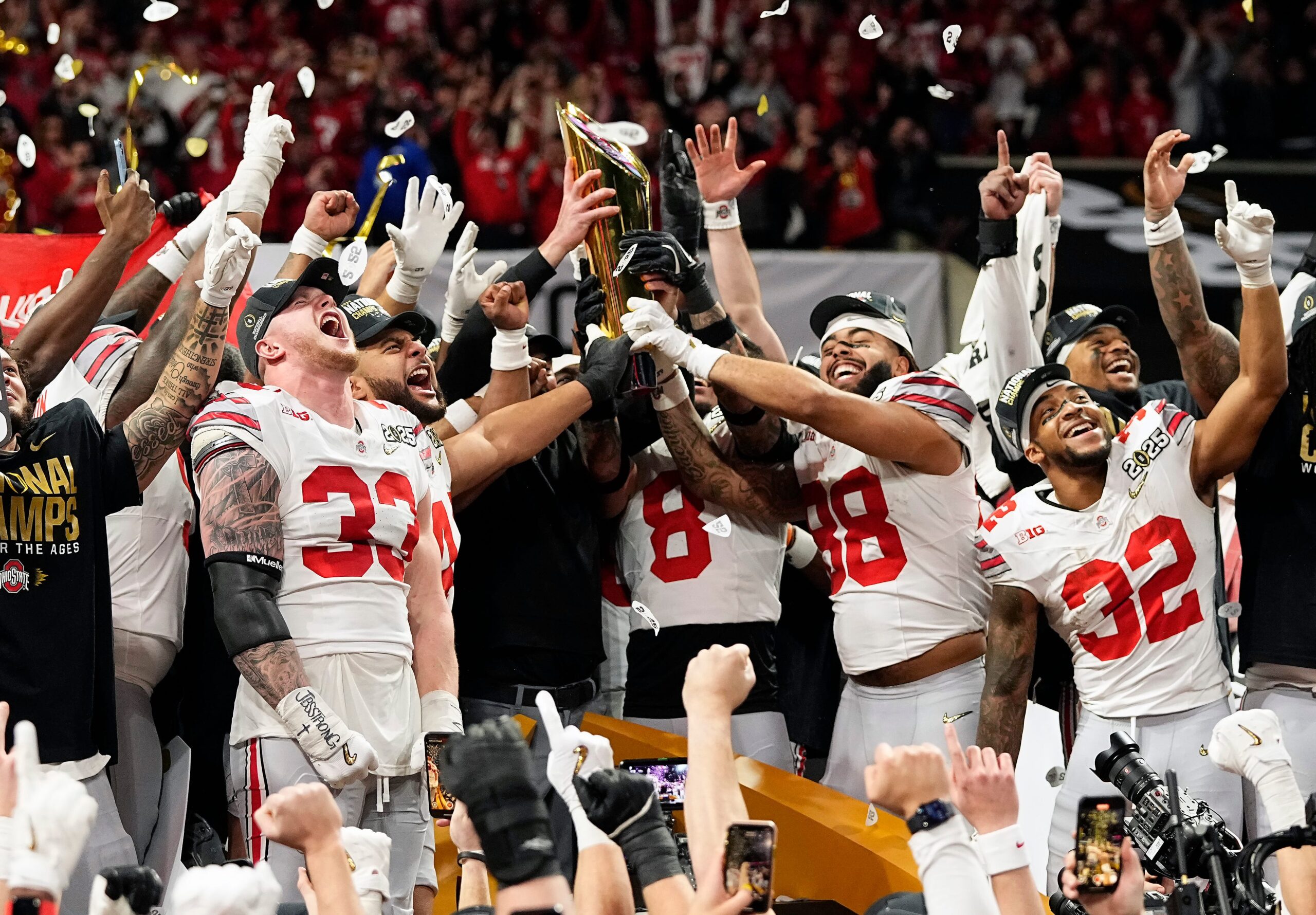 Ohio State Buckeyes cornerback Davison Igbinosun (1) celebrates an interception at the end of the first half of the NCAA football game against the Penn State Nittany Lions at Beaver Stadium in University Park, Pa. on Saturday, Nov. 2, 2024.