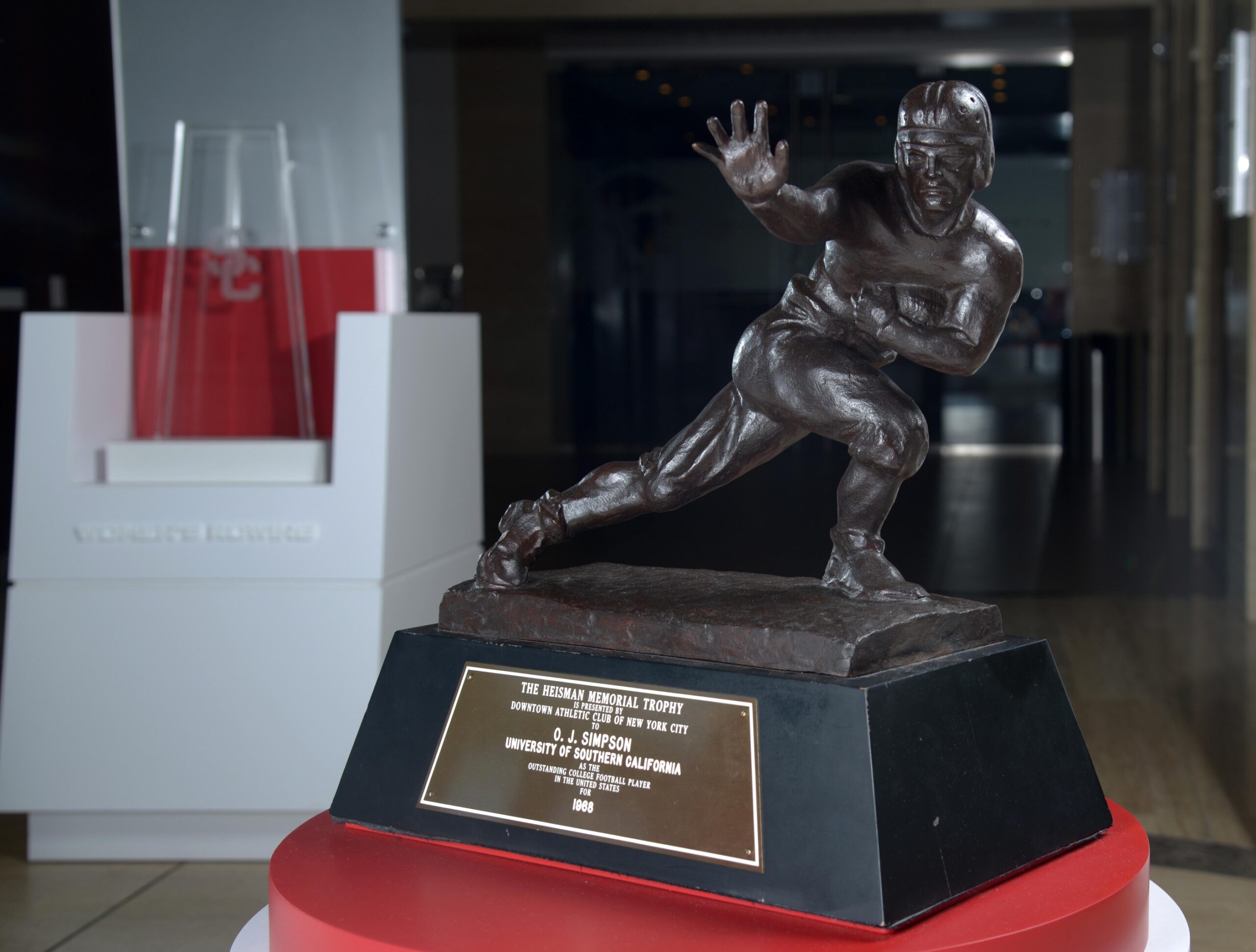 Dec 30, 2014; Los Angeles, CA, USA; General view of the 1968 Heisman Trophy of Southern California Trojans tailback O.J. Simpson (not pictured) at Heritage Hall.