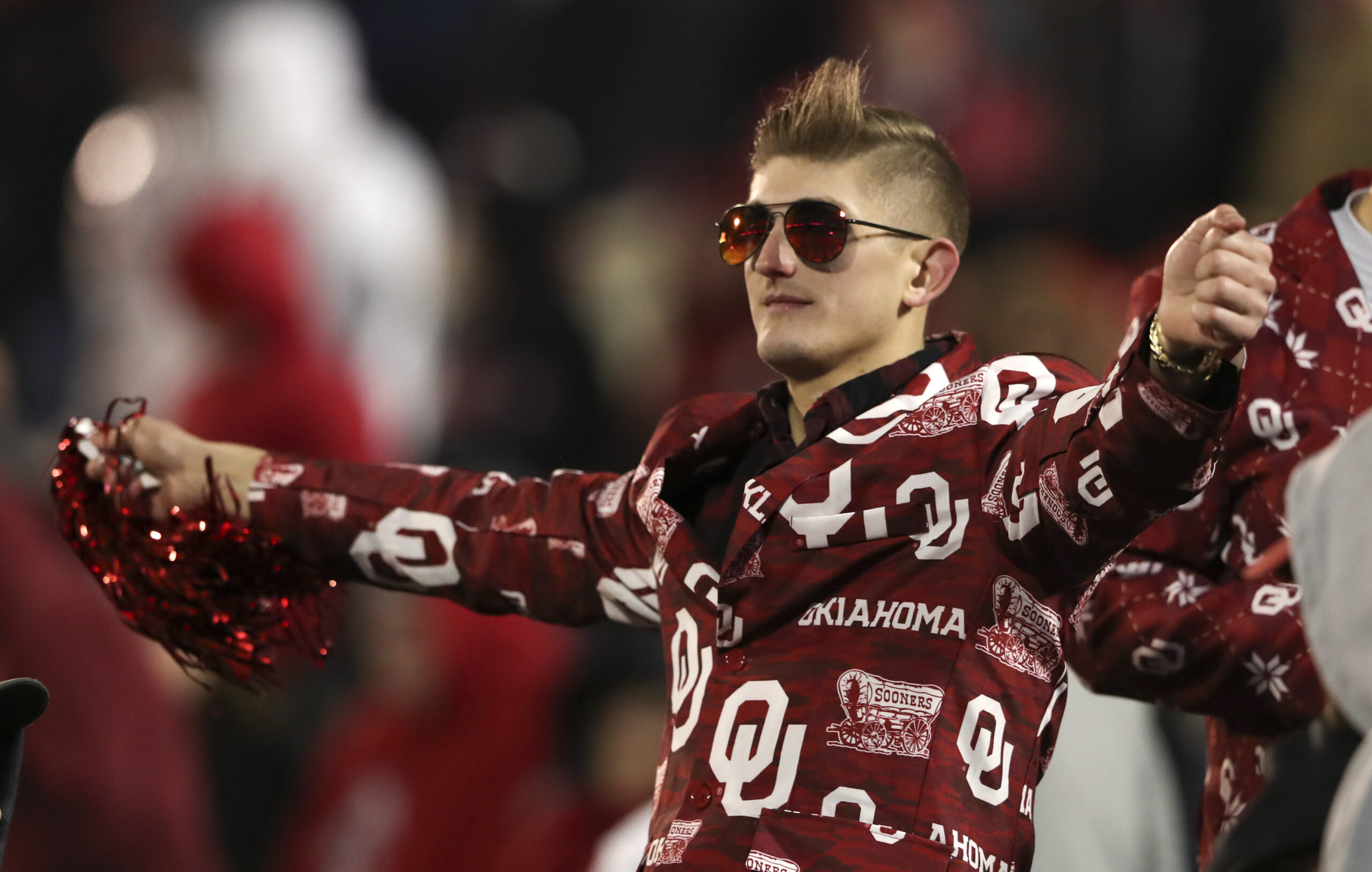 Apr 20, 2024; Norman, OK, USA; Oklahoma Sooners linebacker Jaren Kanak (7) and Oklahoma Sooners linebacker Kobie McKinzie (11) and Oklahoma Sooners tight end Jake Roberts (87) react after the Oklahoma Sooners spring game at Gaylord Family OK Memorial Stadium.