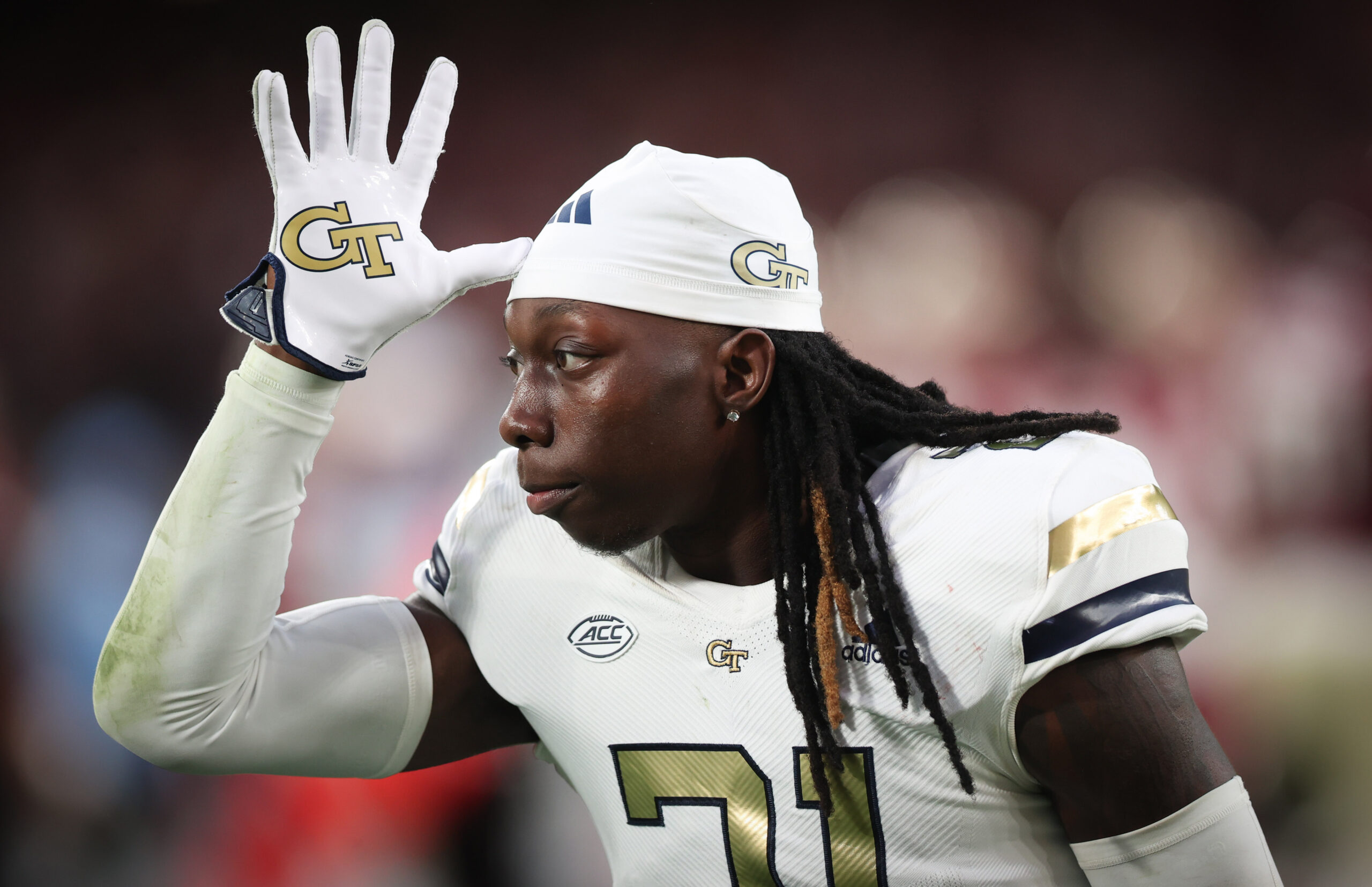 Aug 24, 2024; Dublin, IRL; Georgia Tech defensive back Omar Daniels celebrates after their win against Florida State at Aviva Stadium.