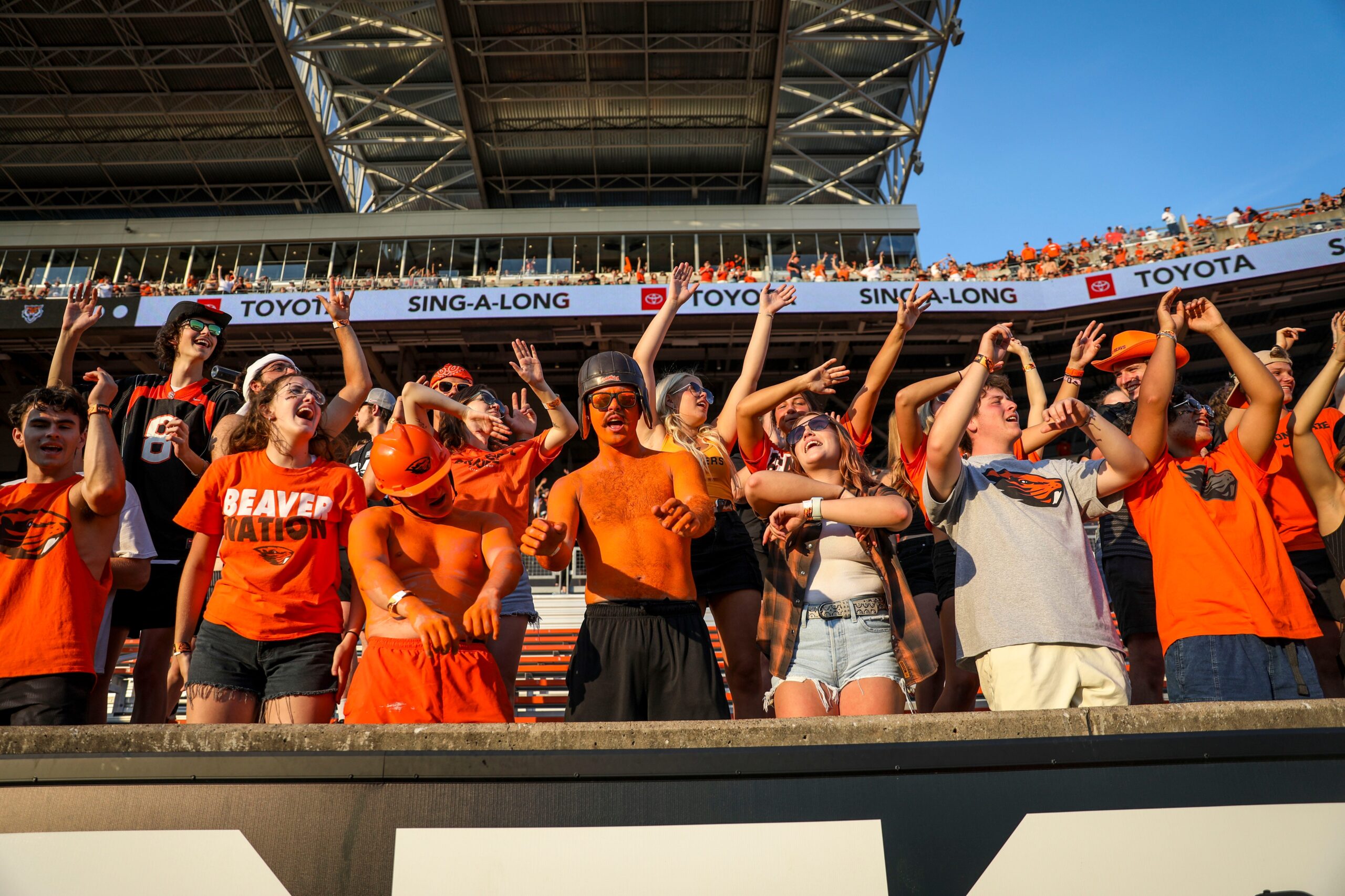 Oregon State Beavers fans dance to Party In the U.S.A. during the second half of the game against Idaho State on Saturday, Aug. 31, 2024 at Reser Stadium in Corvallis, Ore.