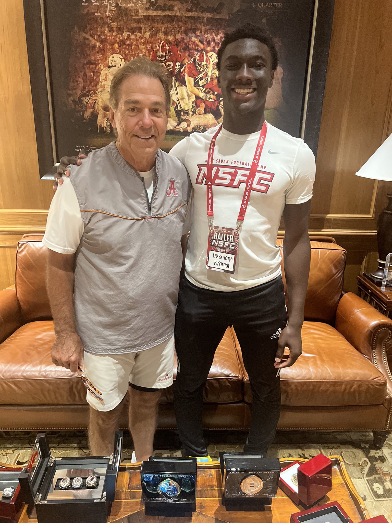 2025 4-star RB Ousmane Kromah from Leesburg, Georgia (Lee County) takes a picture with Nick Saban during a visit to Alabama