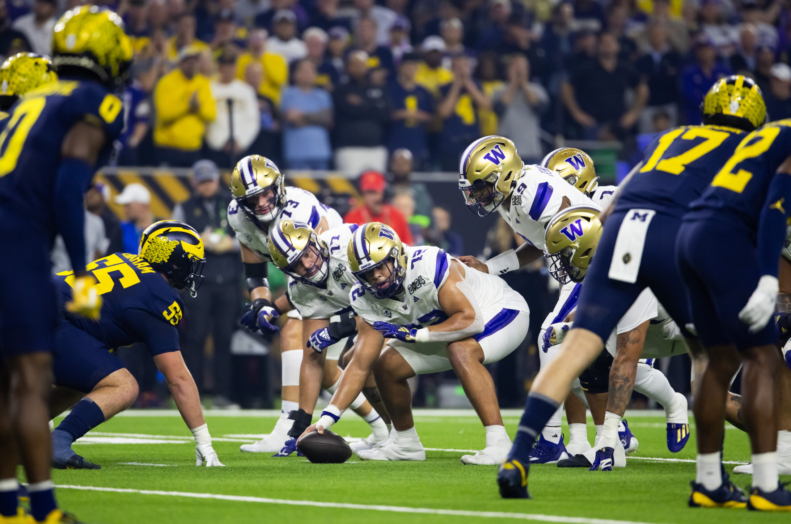 Jan 8, 2024; Houston, TX, USA; Washington Huskies offensive lineman Parker Brailsford (72) against the Michigan Wolverines during the 2024 College Football Playoff national championship game at NRG Stadium.