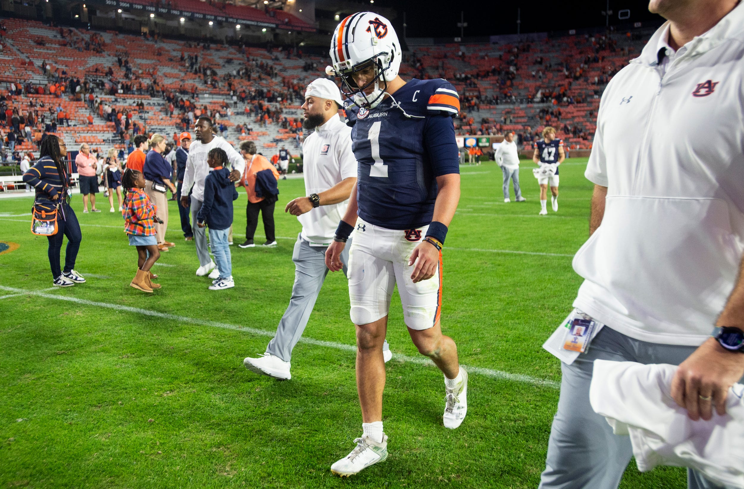 Auburn Tigers quarterback Payton Thorne (1) walks off the field after Auburn Tigers take on New Mexico State Aggies at Jordan-Hare Stadium in Auburn, Ala., on Saturday, Nov. 18, 2023. New Mexico State Aggies defeated Auburn Tigers 31-10.