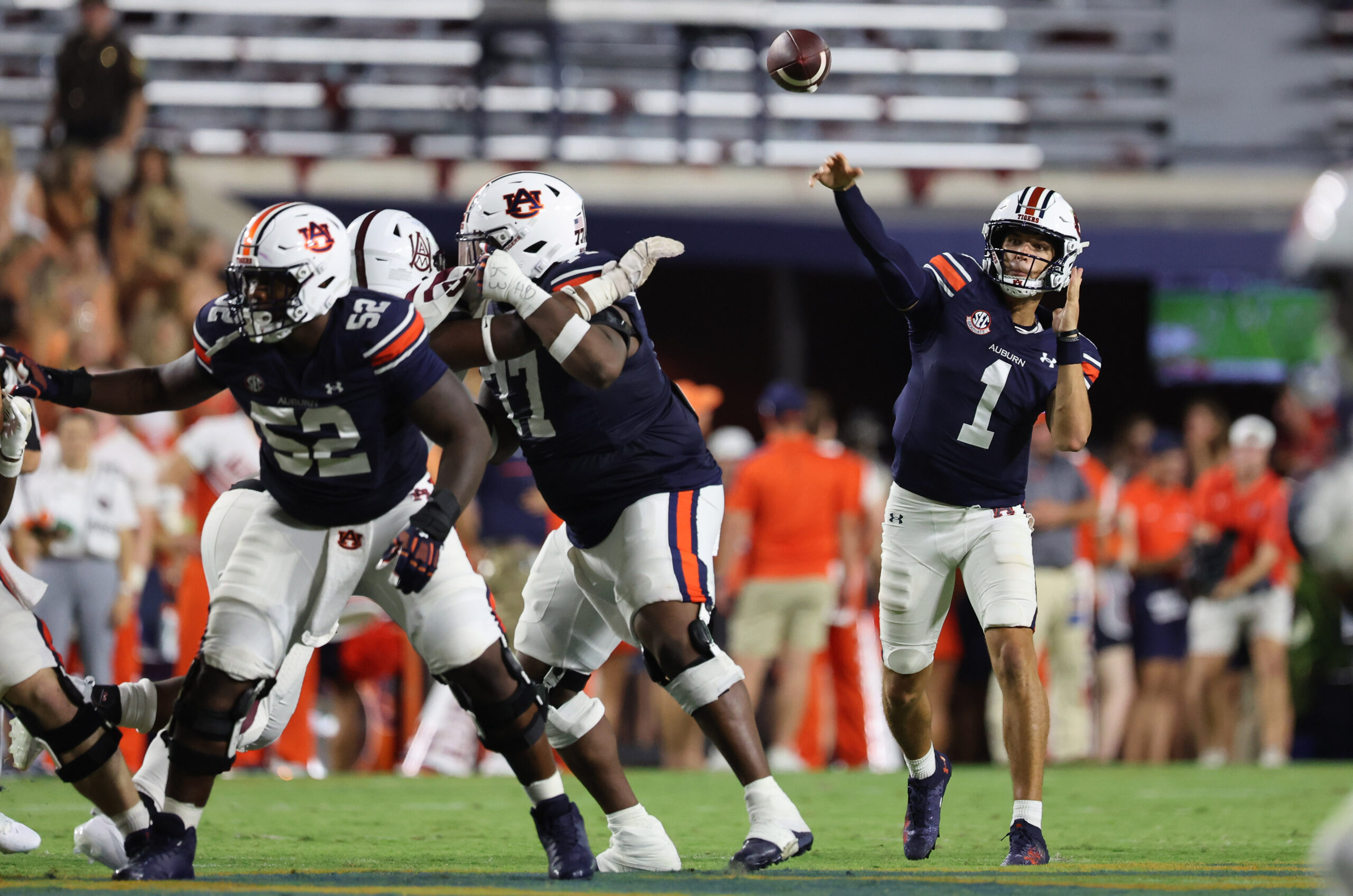 Aug 31, 2024; Auburn, Alabama, USA; Auburn Tigers quarterback Payton Thorne (1) throws a pass against the Alabama A&M Bulldogs during the second quarter at Jordan-Hare Stadium. 