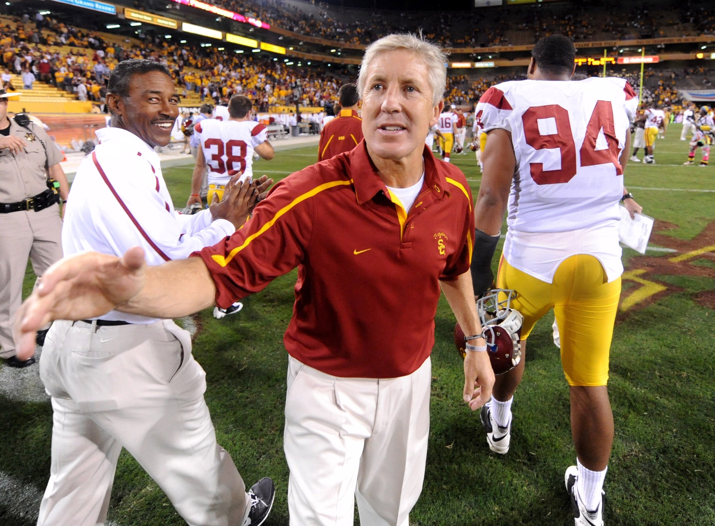 Nov 7, 2009; Tempe, AZ, USA; Southern California Trojans coach Pete Carroll reacts after the game against the Arizona State Sun Devils at Sun Devil Stadium. USC defeated Arizona State 14-9.