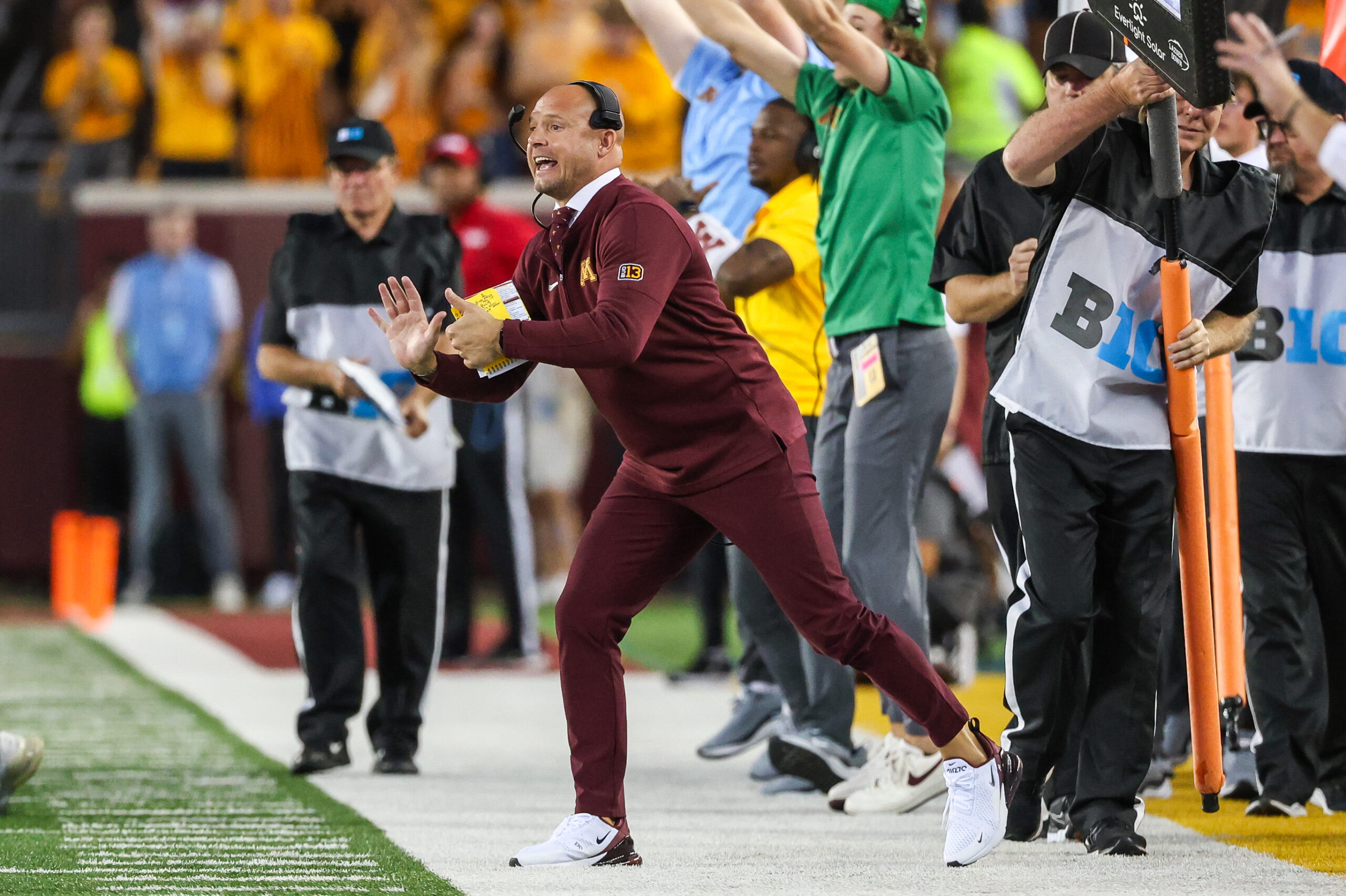 Aug 31, 2023; Minneapolis, Minnesota, USA; Minnesota Golden Gophers head coach P.J. Fleck reacts during the second quarter against the Nebraska Cornhuskers at Huntington Bank Stadium. 