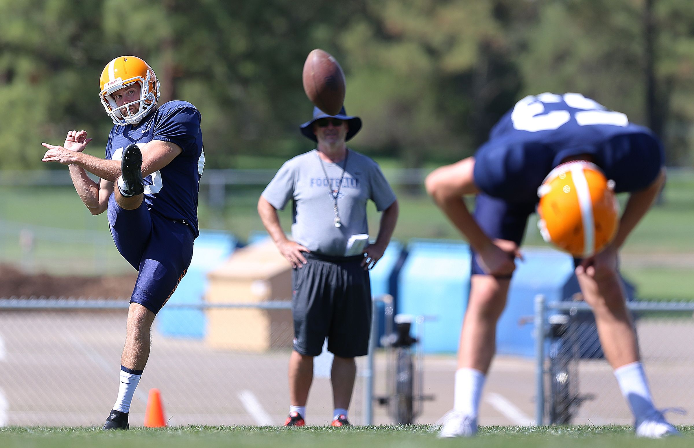 Australian kicker Mitchell Crawford works on his American football skills during Camp Ruidoso Wednesday. The Australian rules footballer had never stepped on an American football field until joining the MIners. 
