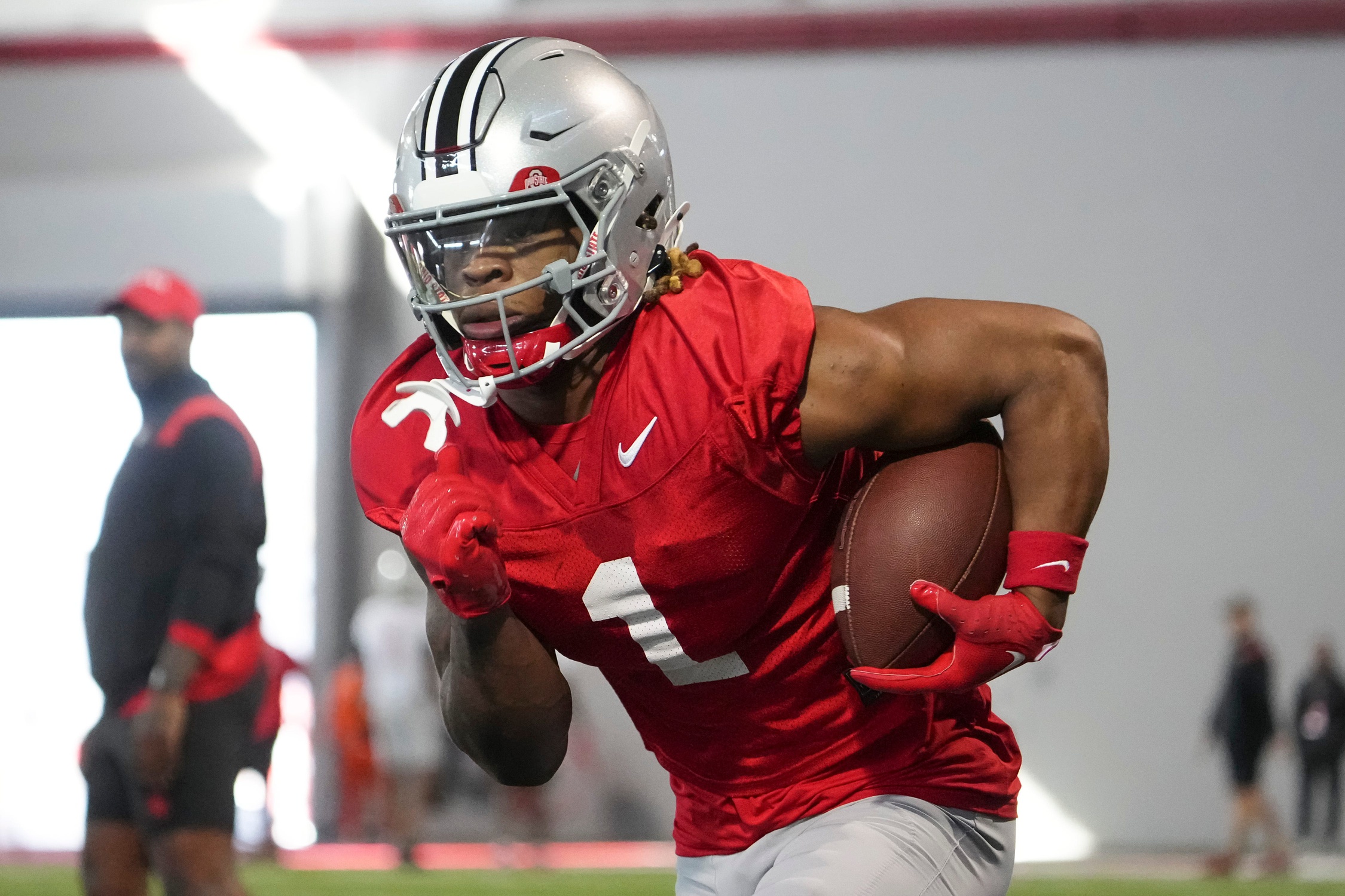 Mar 5, 2024; Columbus, OH, USA; Ohio State Buckeyes running back Quinshon Judkins (1) runs during the first spring practice at the Woody Hayes Athletic Center.