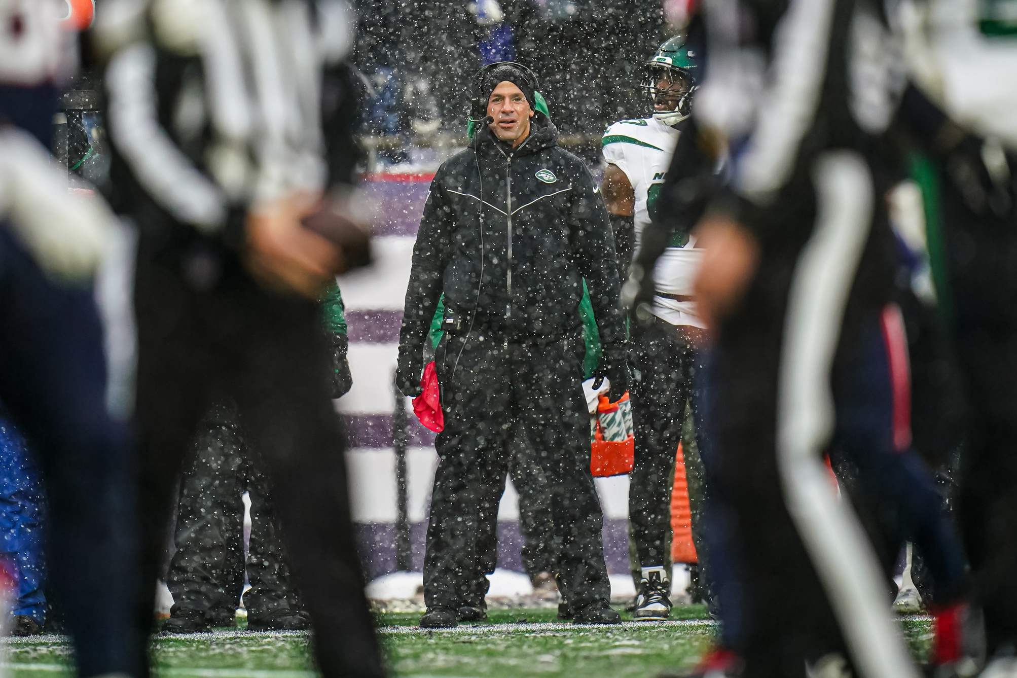 Jan 7, 2024; Foxborough, Massachusetts, USA; New York Jets head coach Robert Saleh watches from the sideline as they take on the New England Patriots at Gillette Stadium.