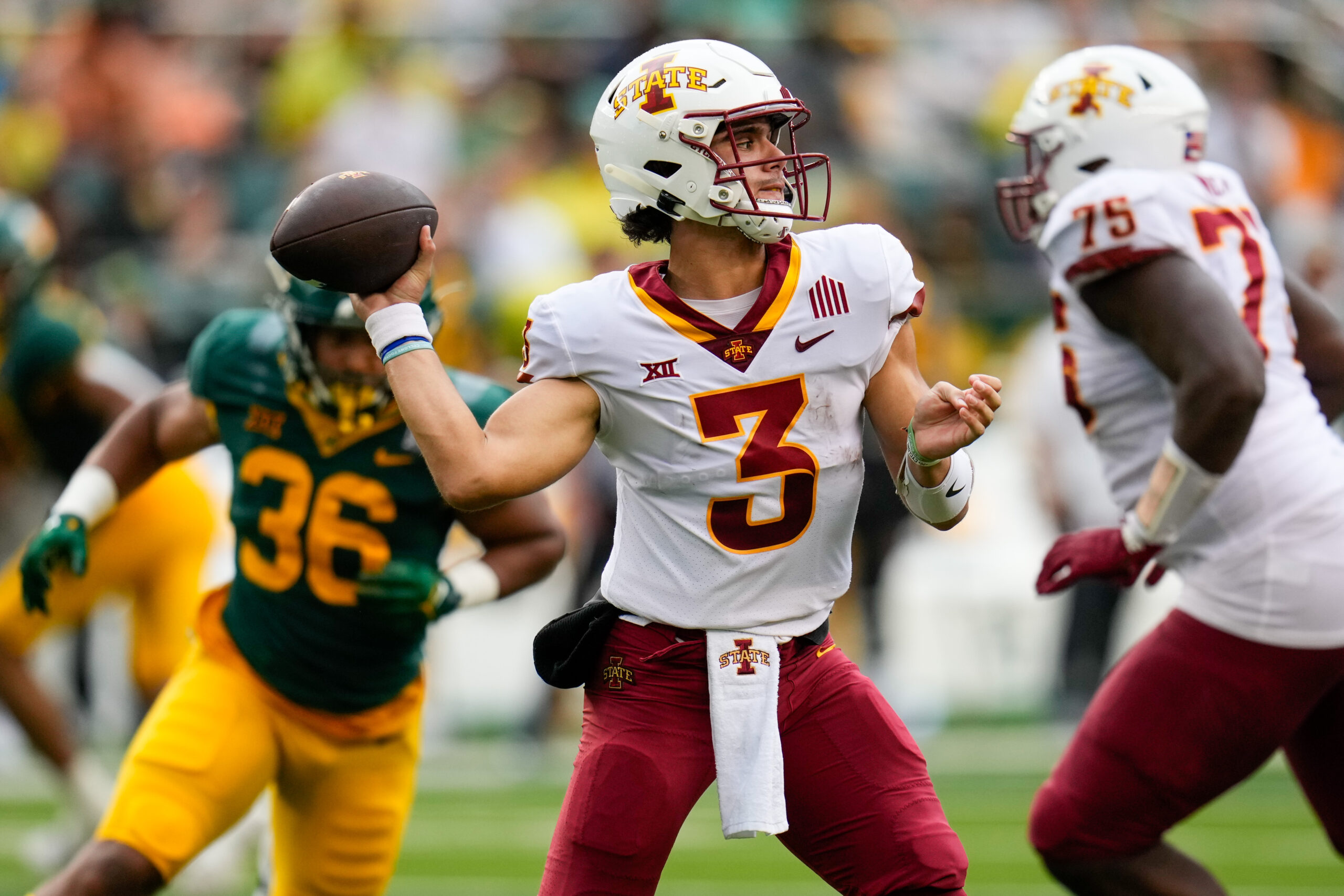 Oct 28, 2023; Waco, Texas, USA; Iowa State Cyclones quarterback Rocco Becht (3) passes the ball against the Baylor Bears during the first half at McLane Stadium.