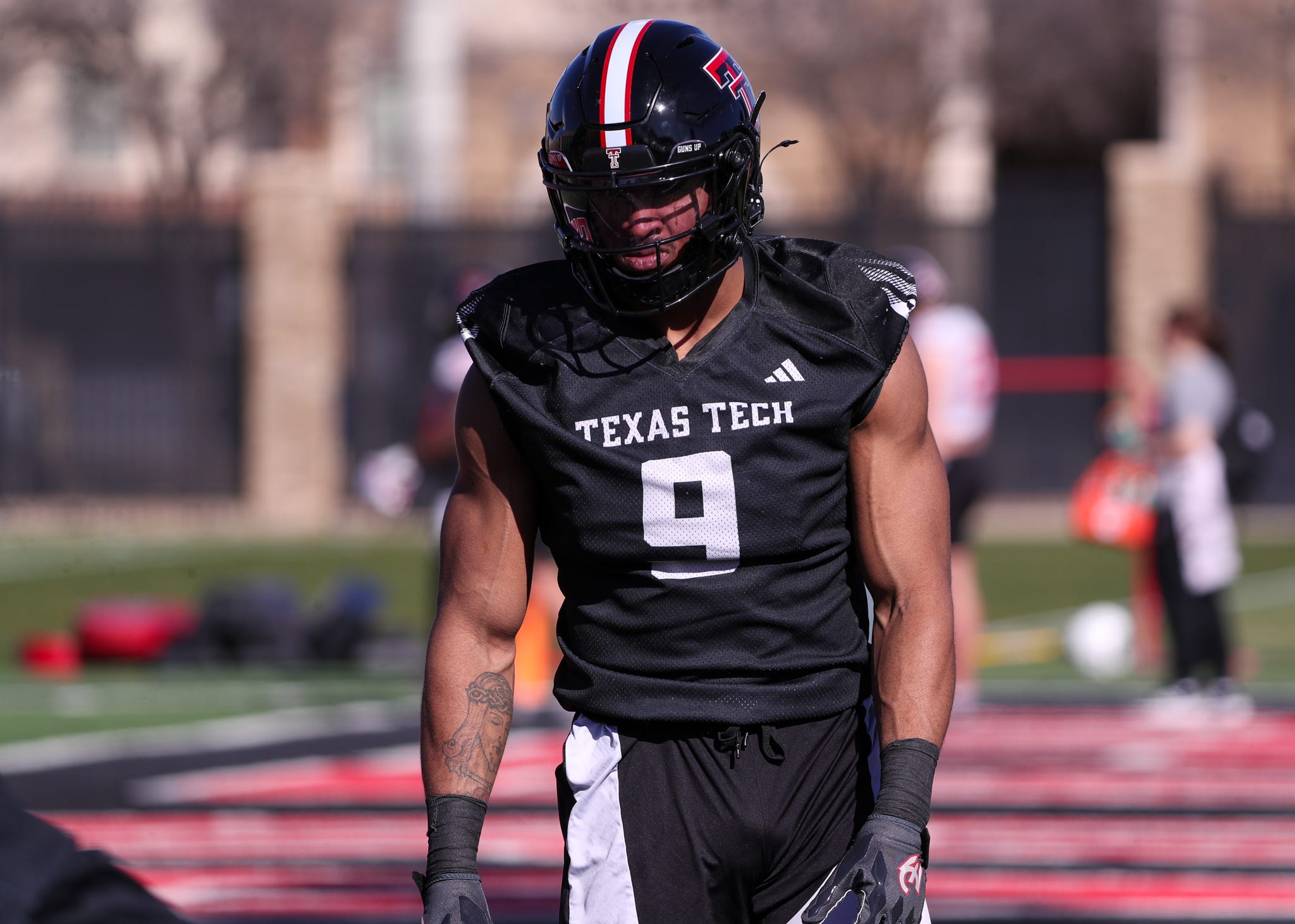 Texas Tech's Romello Height awaits his turn during a drill during spring football practice, Monday, March 10, 2025, at the Womble Football Center.