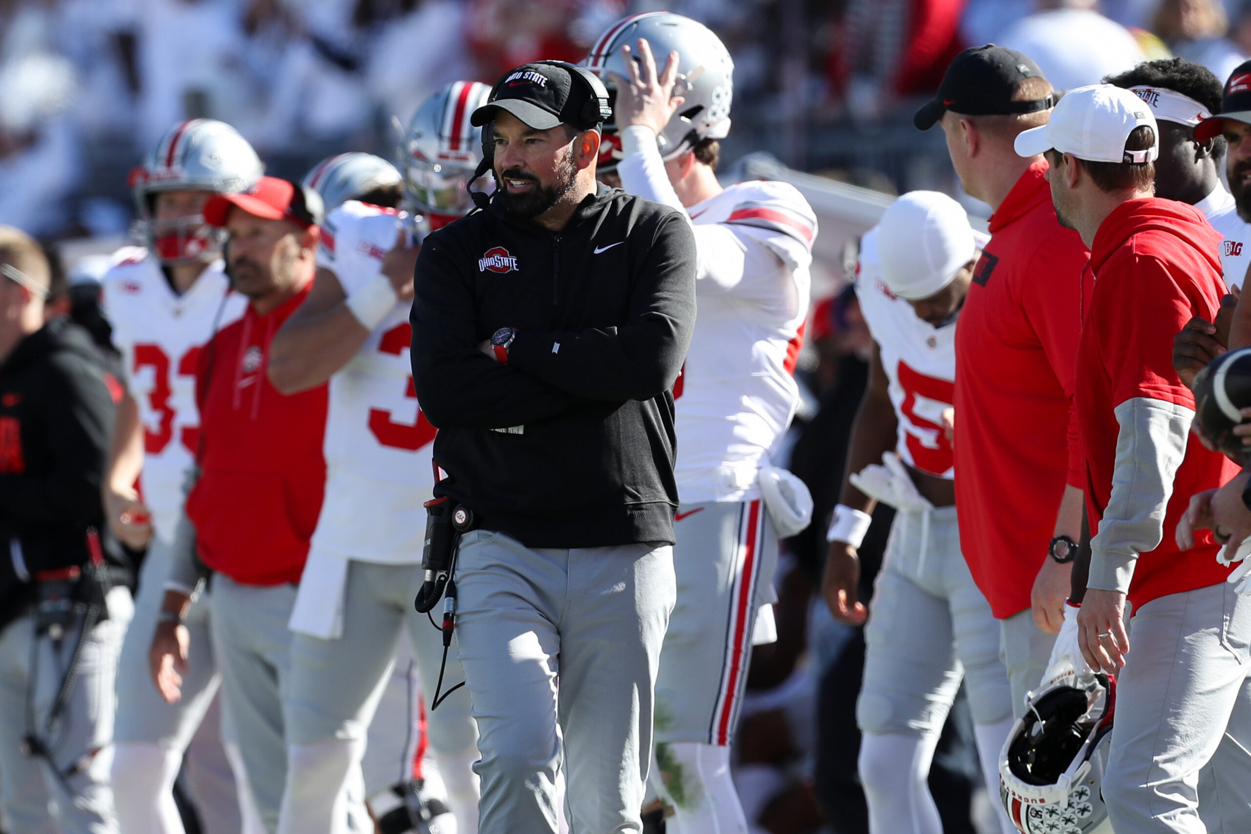 Sep 2, 2023; Bloomington, Indiana, USA; Ohio State Buckeyes head coach Ryan Day watches from the sideline during the NCAA football game at Indiana University Memorial Stadium.