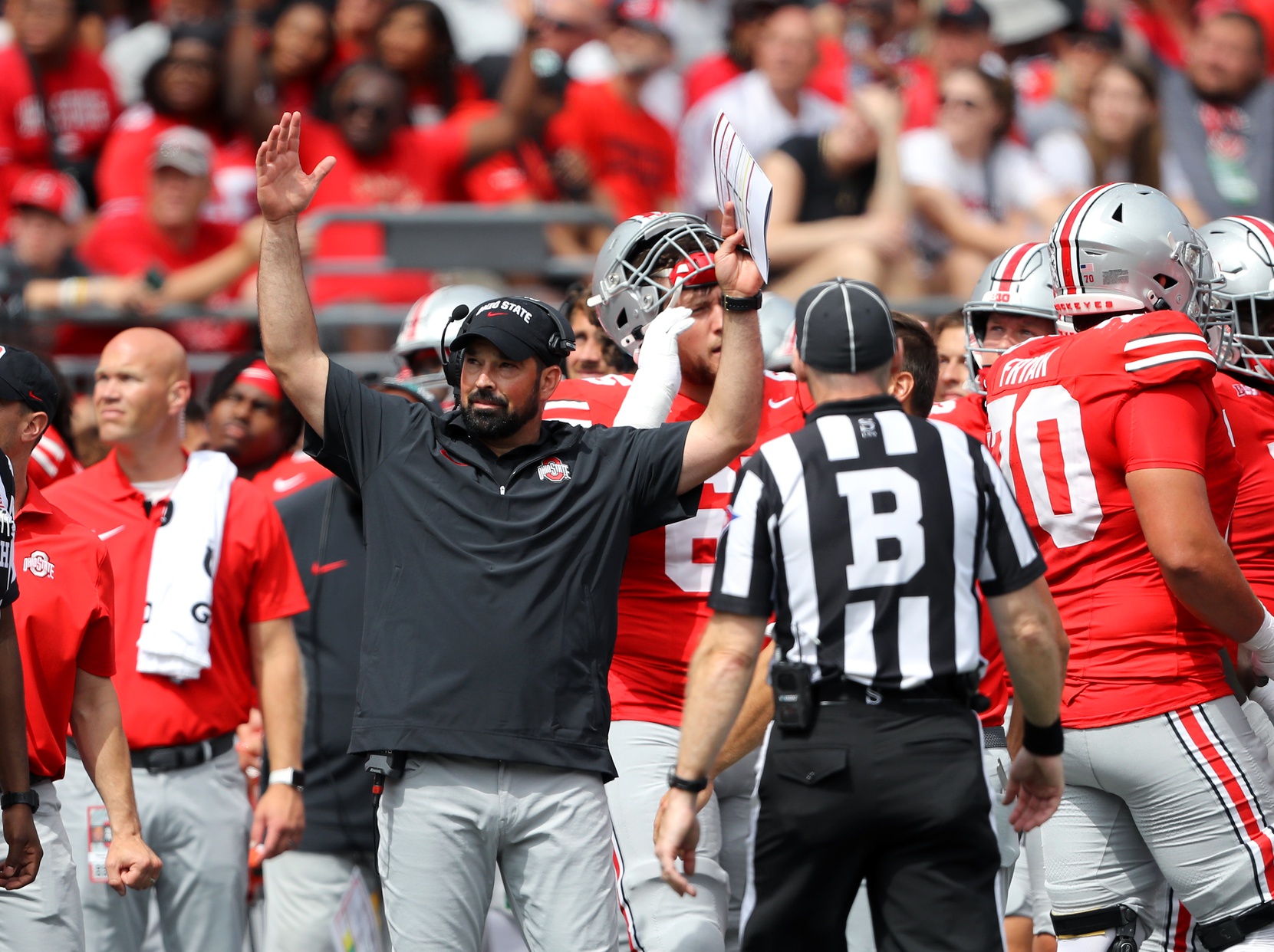Sep 9, 2023; Columbus, Ohio, USA; Ohio State Buckeyes head coach Ryan Day reacts to the touchdown during the second quarter against the Youngstown State Penguins at Ohio Stadium.