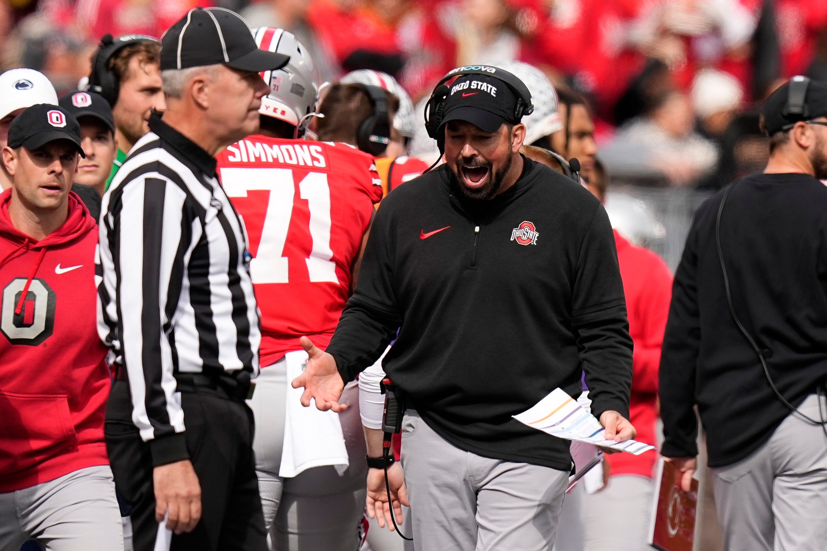 Oct 21, 2023; Columbus, Ohio, USA; Ohio State Buckeyes head coach Ryan Day reacts during the first half of the NCAA football game against the Penn State Nittany Lions at Ohio Stadium.