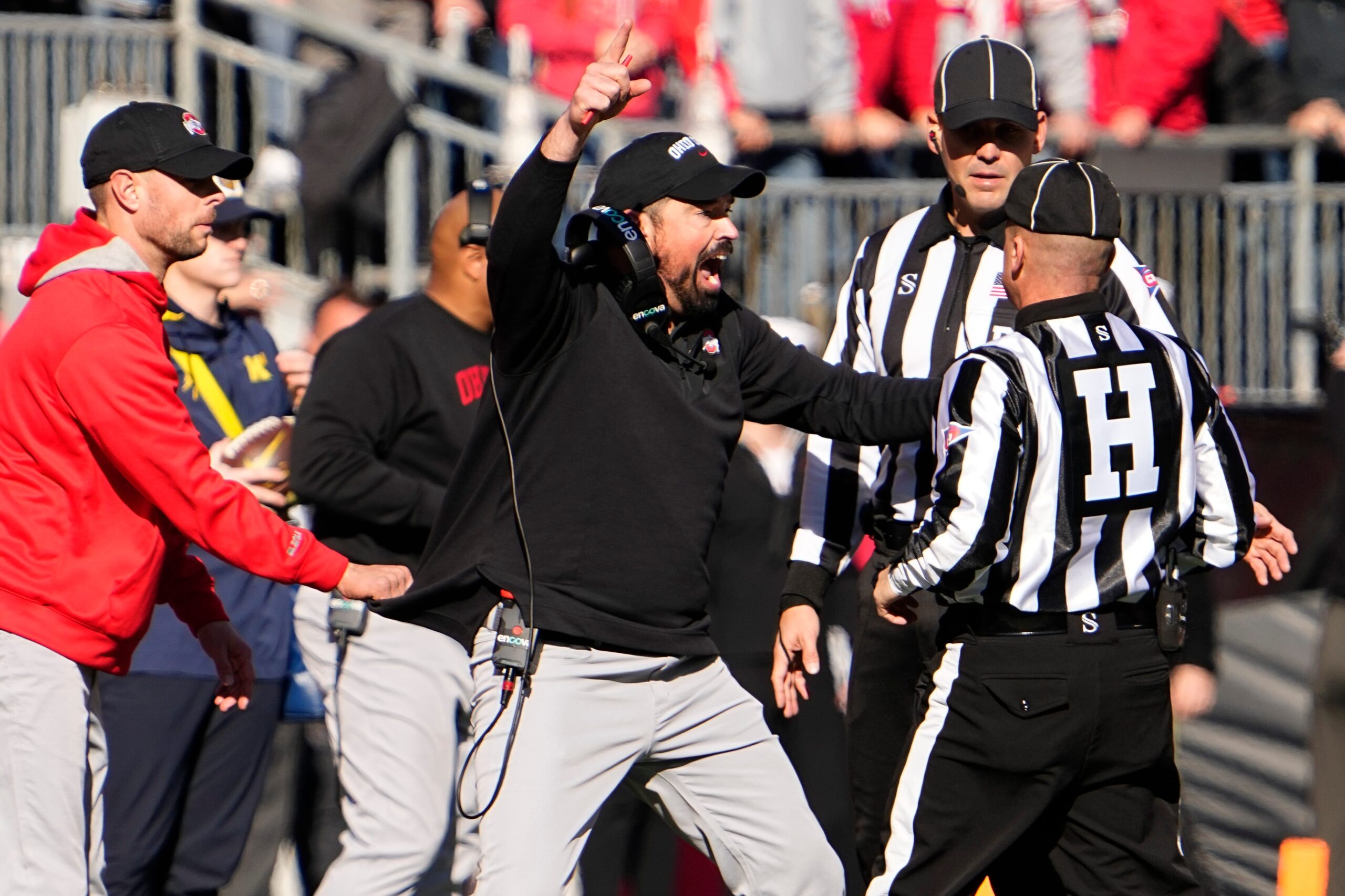 Nov 26, 2022; Columbus, Ohio, USA; Ohio State Buckeyes head coach Ryan Day yells during the first half of the NCAA football game against the Michigan Wolverines at Ohio Stadium.