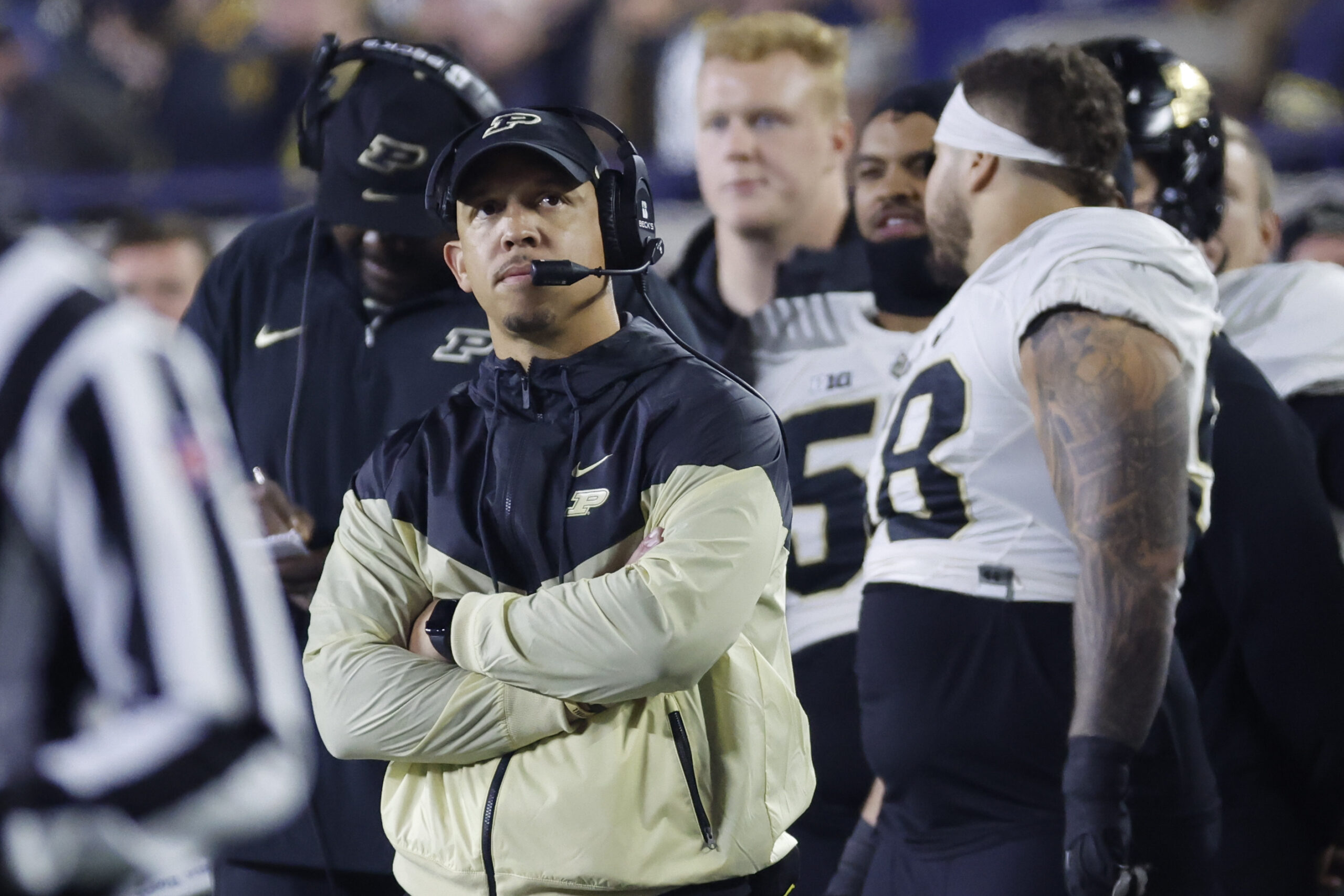 Nov 4, 2023; Ann Arbor, Michigan, USA; Purdue Boilermakers head coach Ryan Walters on the sideline in the second half against the Michigan Wolverines at Michigan Stadium.