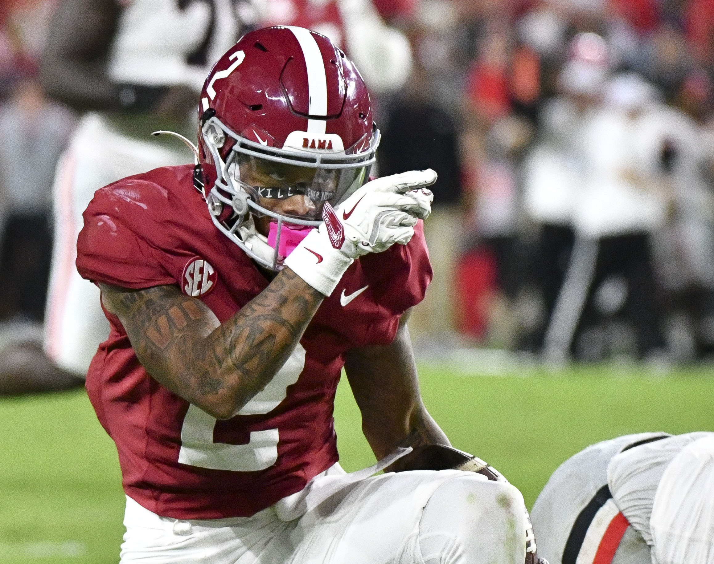 Sep 28, 2024; Tuscaloosa, Alabama, USA; Alabama Crimson Tide wide receiver Ryan Williams (2) signals a first down after making an catch against the Georgia Bulldogs at Bryant-Denny Stadium. Alabama defeated Georgia 41-34.