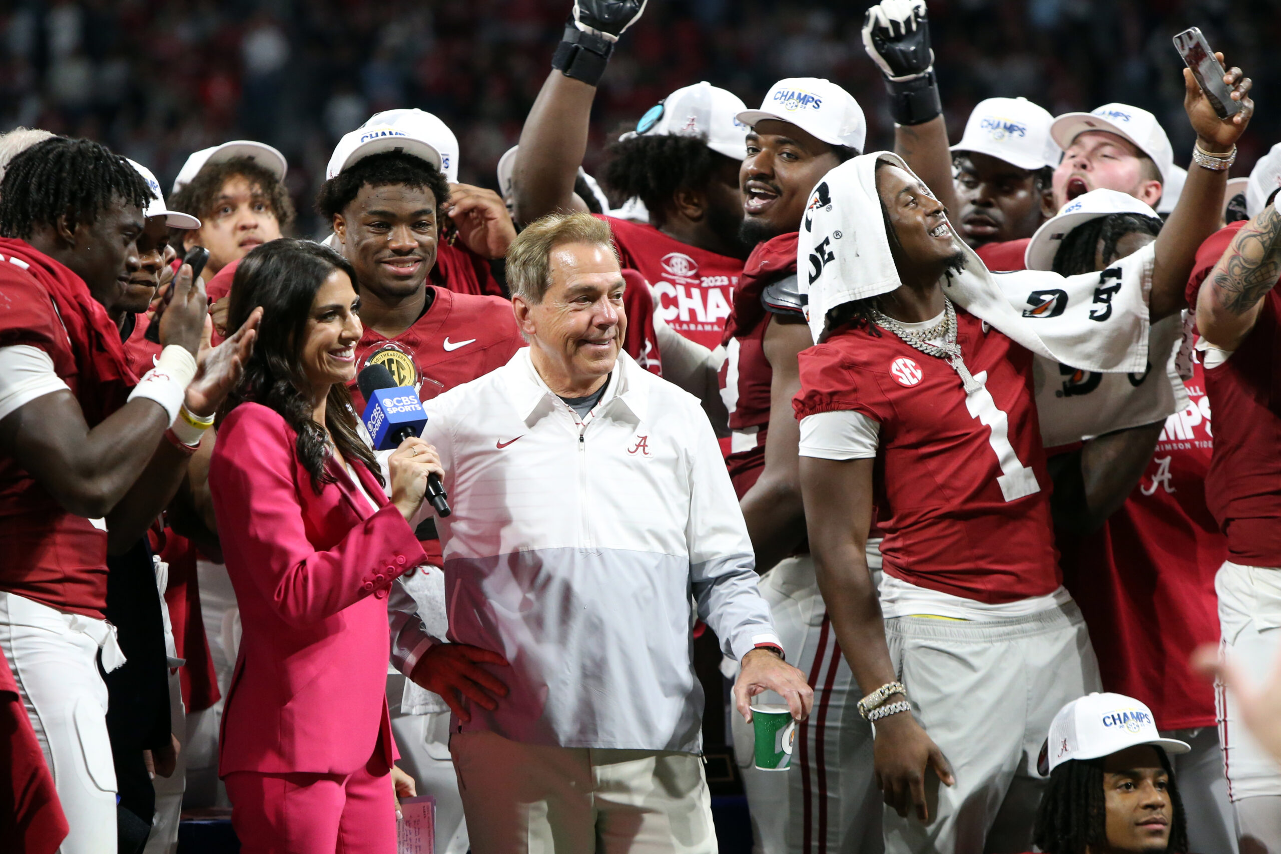 Dec 2, 2023; Atlanta, GA, USA; Alabama Crimson Tide head coach Nick Saban celebrates on the podium after defeating the Georgia Bulldogs in the SEC championship game at Mercedes-Benz Stadium.