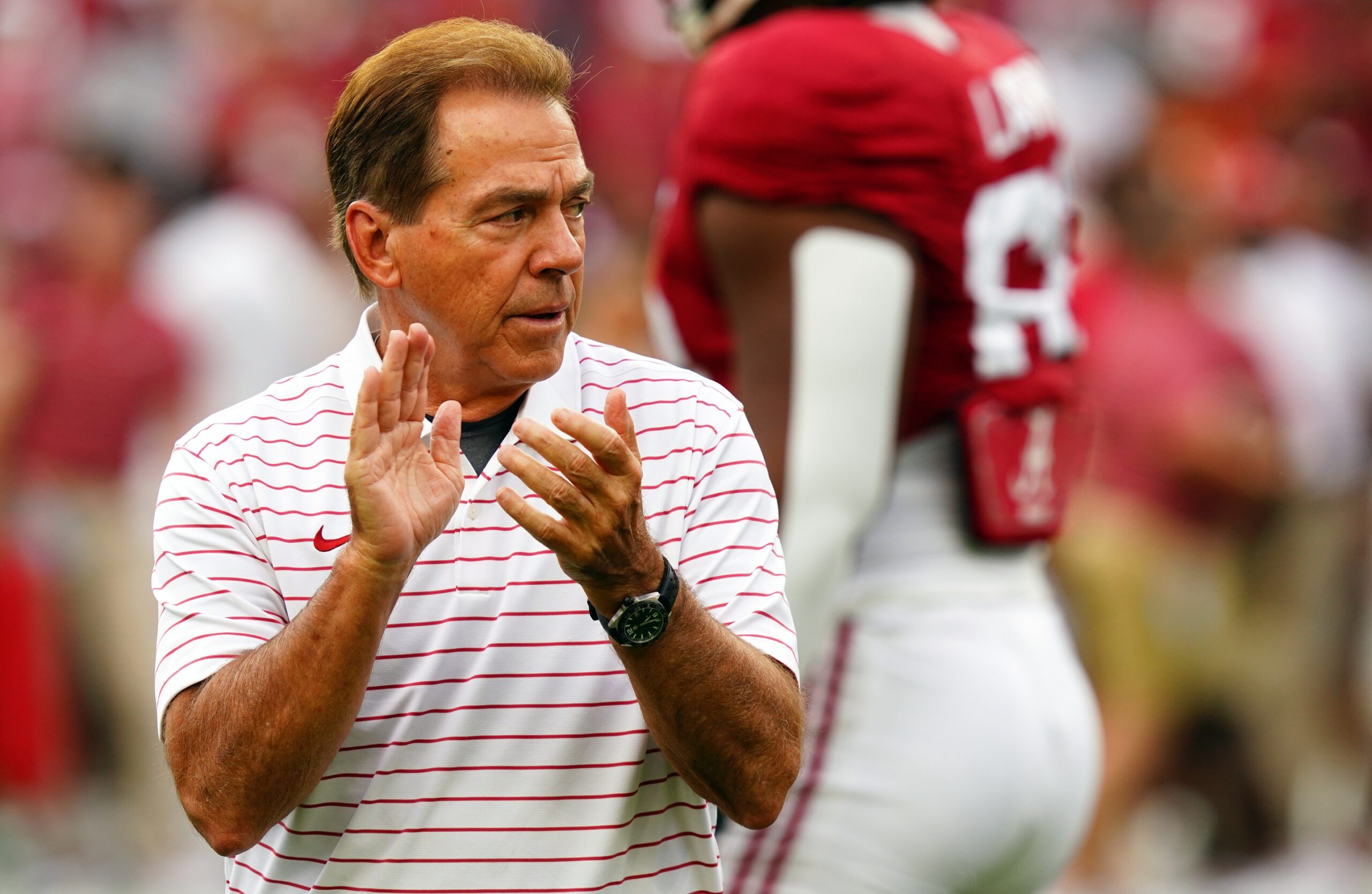 Sep 9, 2023; Tuscaloosa, Alabama, USA; Alabama Crimson Tide head coach Nick Saban cheers on his players before their game against the Texas Longhorns at Bryant-Denny Stadium.