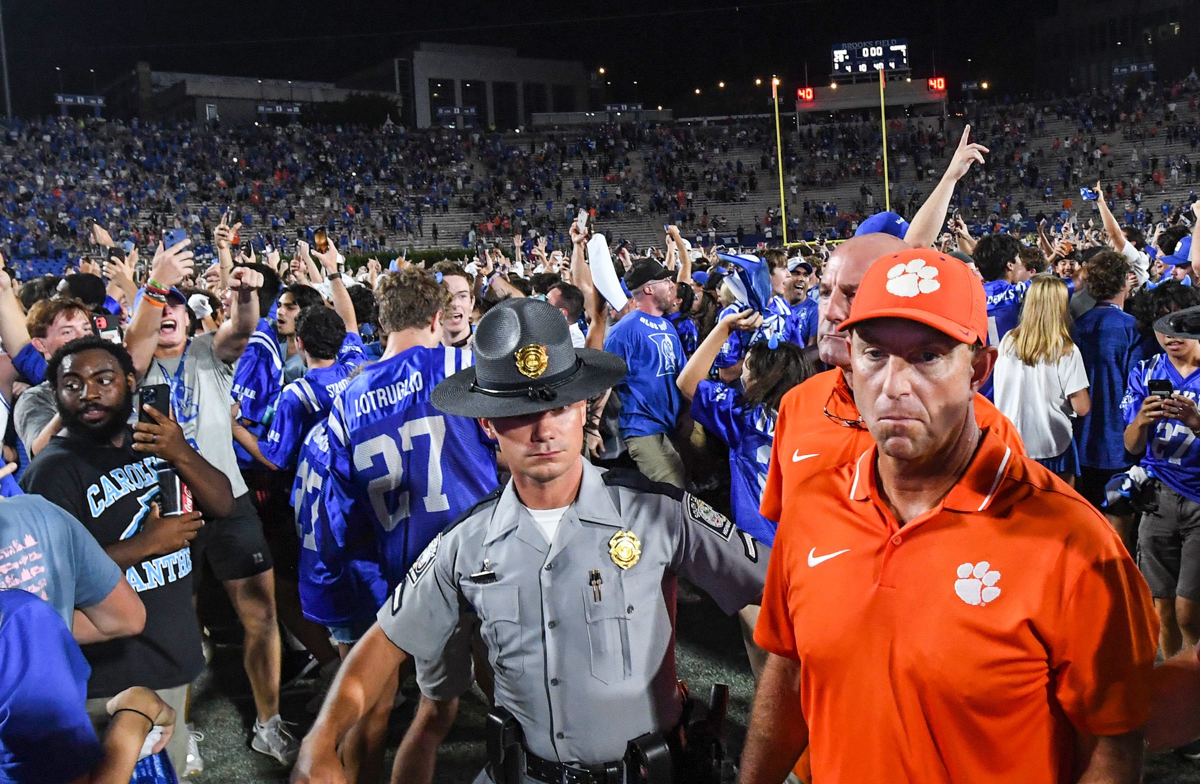 Sep 4, 2023; Durham, North Carolina, USA; Clemson Tigers head coach Dabo Swinney walks off the field after losing to the Duke Blue Devils at Wallace Wade Stadium in Durham, N.C.