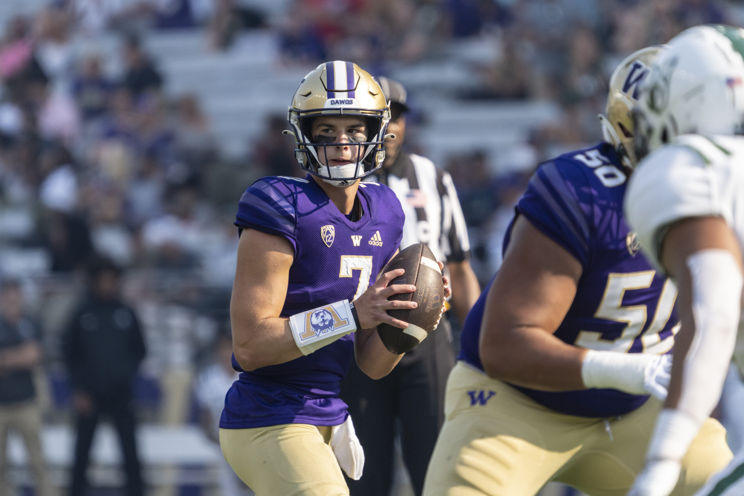 Sep 10, 2022; Seattle, Washington, USA; Washington Huskies quarterback Sam Huard (7) looks to pass during the second half against the Portland State Vikings at Alaska Airlines Field at Husky Stadium.