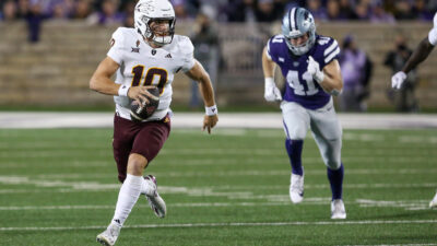 ASU quarterback Sam Leavitt (10) throws a pass during a spring practice at Kajikawa Practice Fields in Tempe on April 24