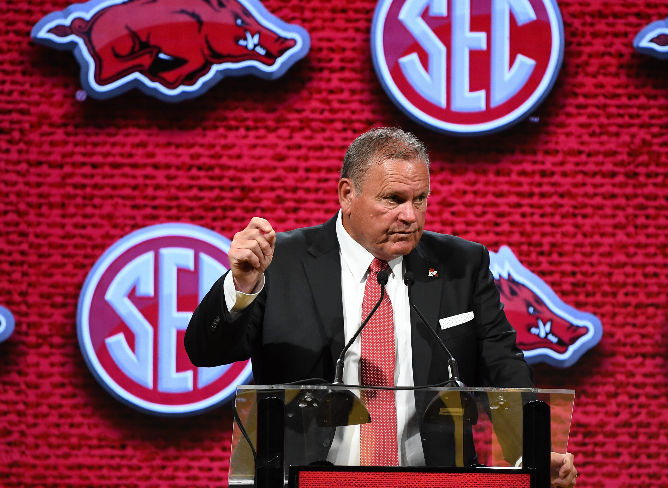 Jul 19, 2023; Nashville, TN, USA; Arkansas Razorbacks head coach Sam Pittman talks with members of the media during SEC Media Day at the Grand Hyatt.