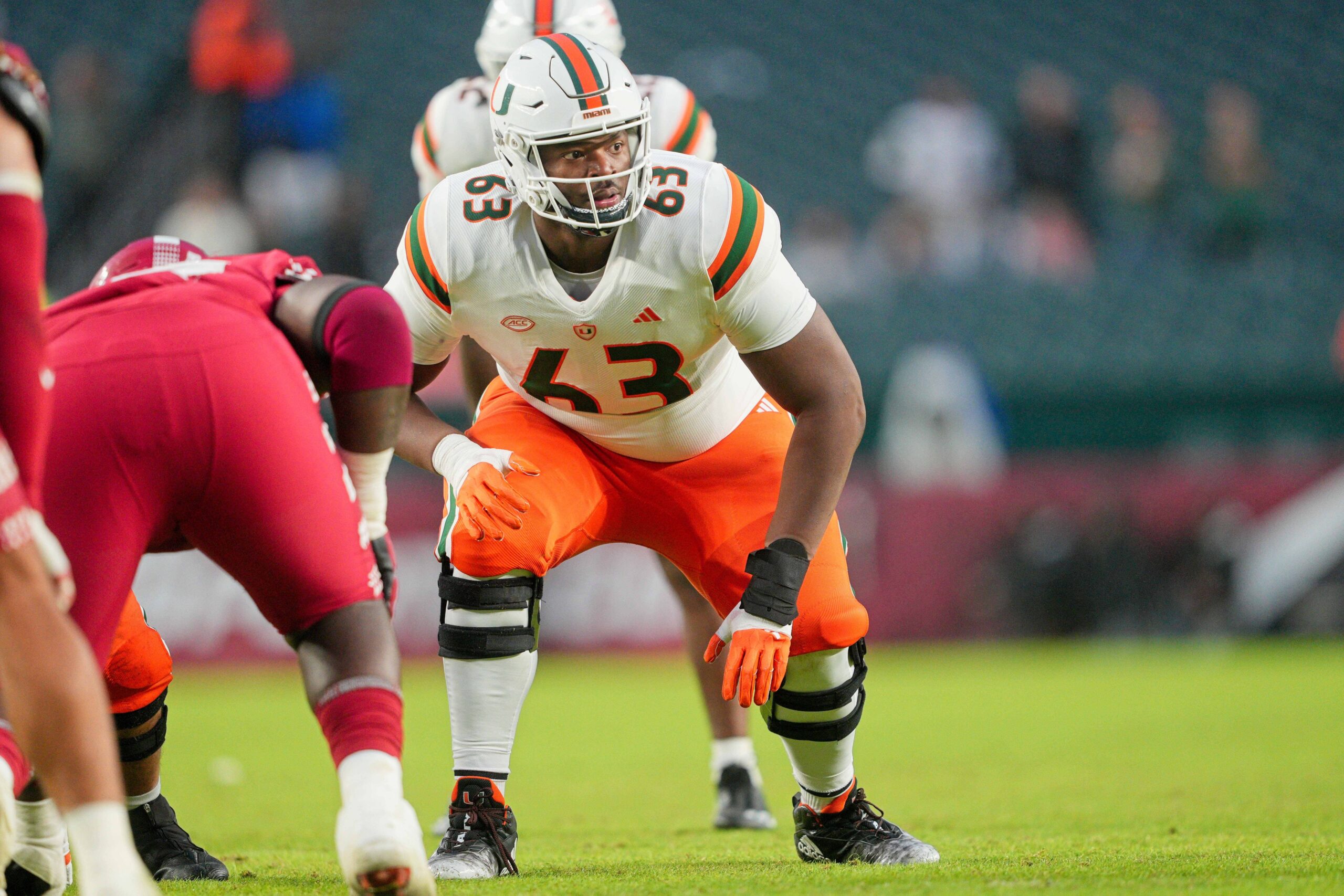 Sep 23, 2023; Philadelphia, Pennsylvania, USA; Miami Hurricanes offensive lineman Samson Okunlola (63) in the second half against the Temple Owls at Lincoln Financial Field.