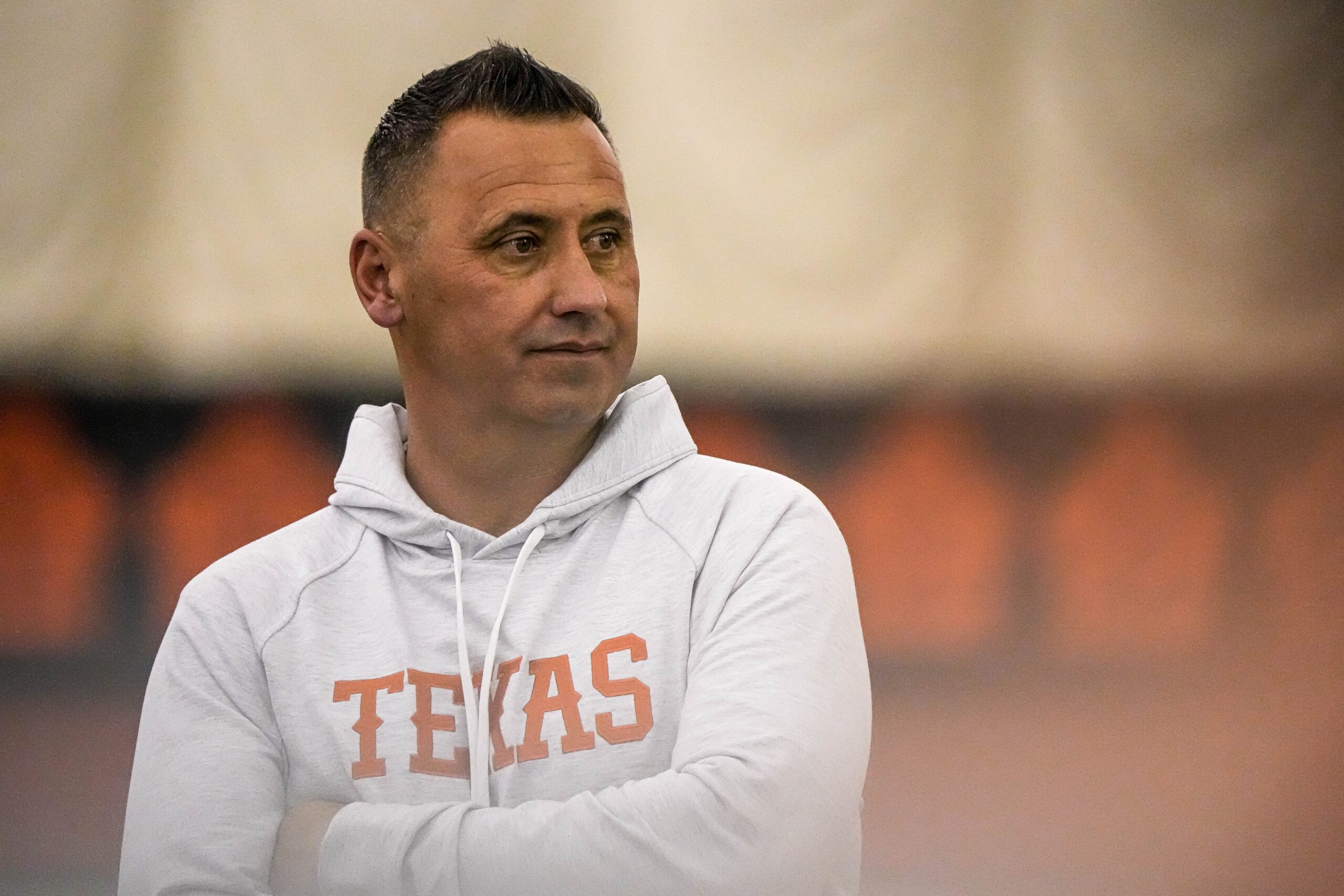 Head coach Steve Sarkisian watches players compete at the Texas Longhorns' annual pro timing day at Denius Fields on the University of Texas at Austin Campus on Thursday, March 9, 2023.