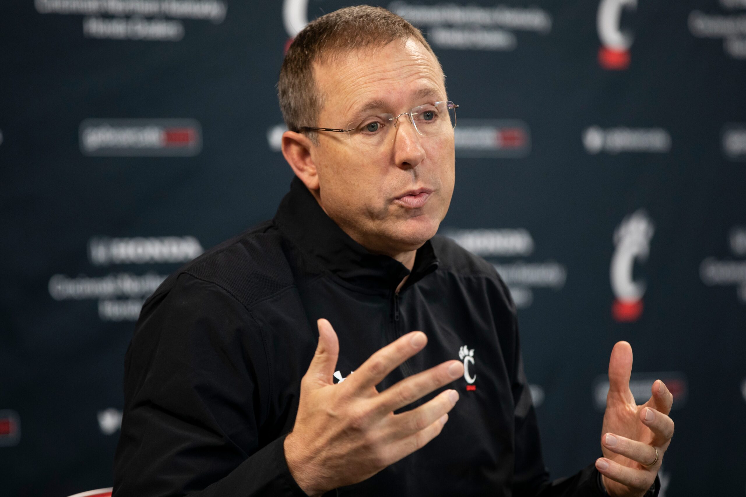 Cincinnati Bearcats football head coach Scott Satterfield answers questions during a press conference at Fifth Third Arena on Tuesday, Jan. 10, 2023.