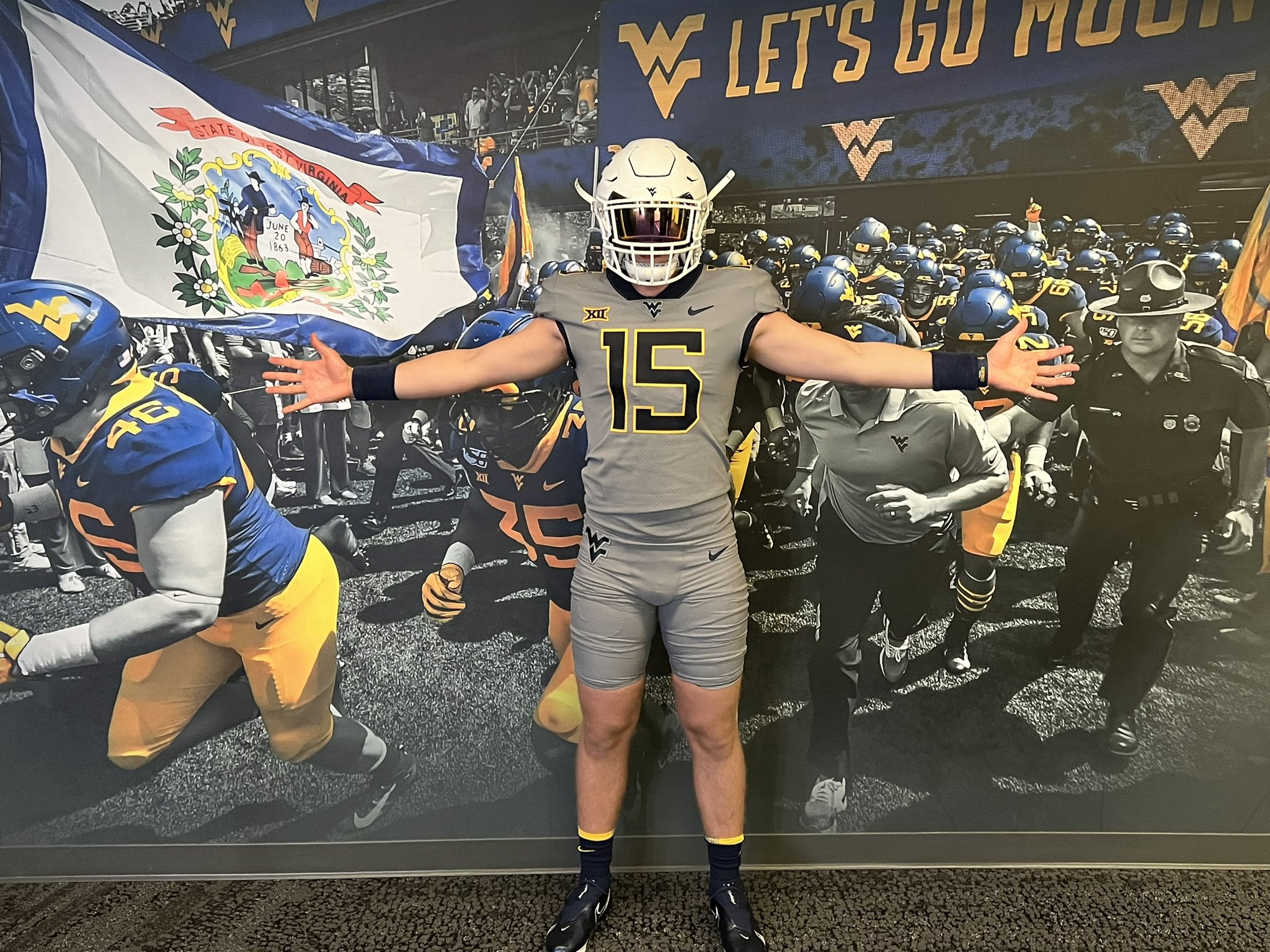 2025 3-Star QB Scotty Fox from Mentor, OH, taking a picture on a visit to West Virginia University