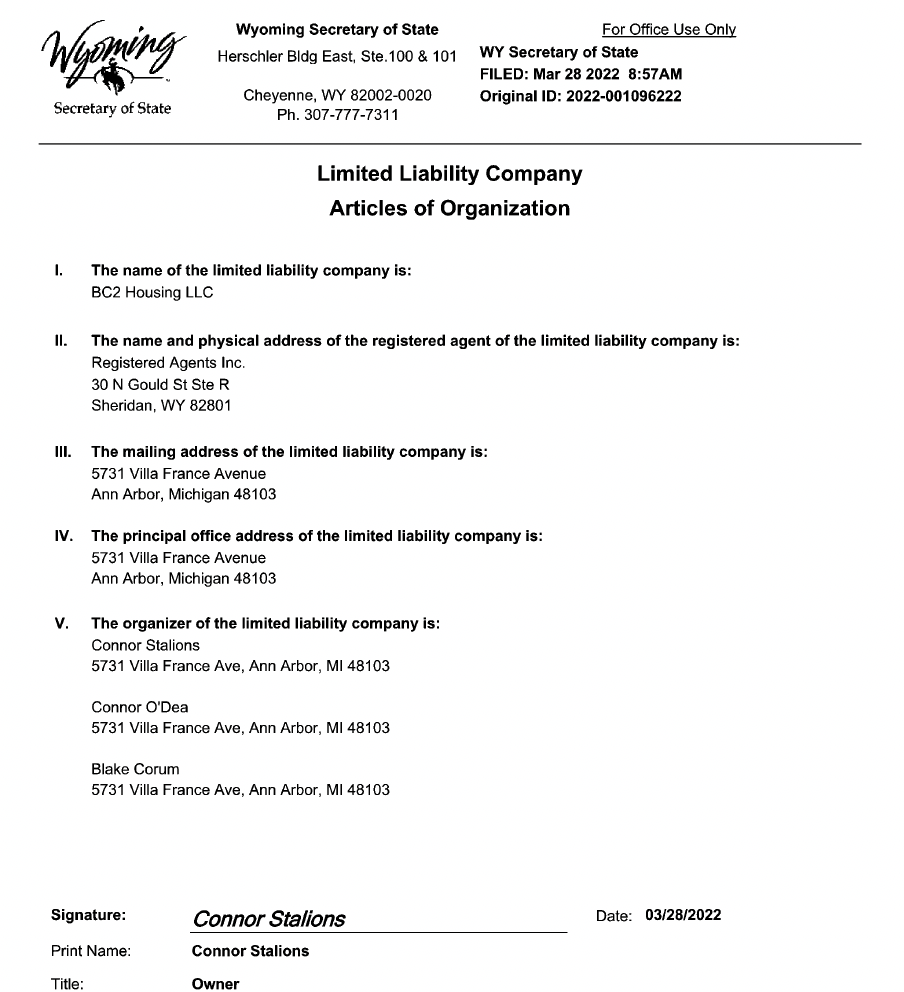LLC Articles of Organization filed by Connor Stalions in March 2022