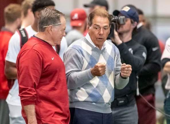 Bill Belichick talks with Nick Saban at Alabama's NFL Pro Day, Tuesday, March 19, 2019, in Tuscaloosa.