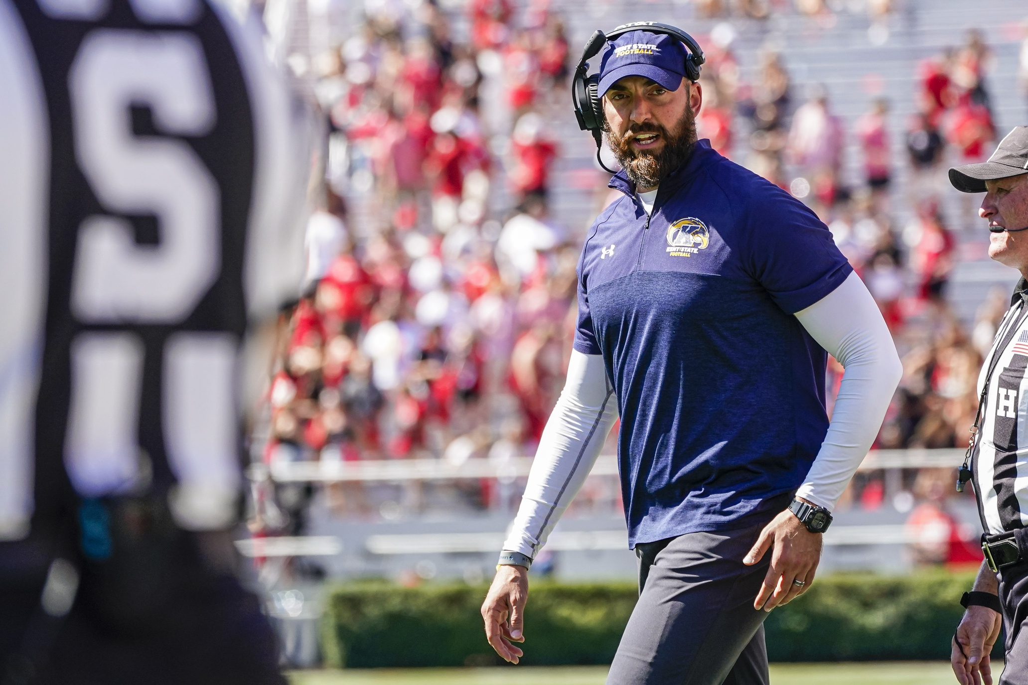 Sep 24, 2022; Athens, Georgia, USA; Kent State Golden Flashes head coach Sean Lewis on the field during a time out against the Georgia Bulldogs during the second half at Sanford Stadium.