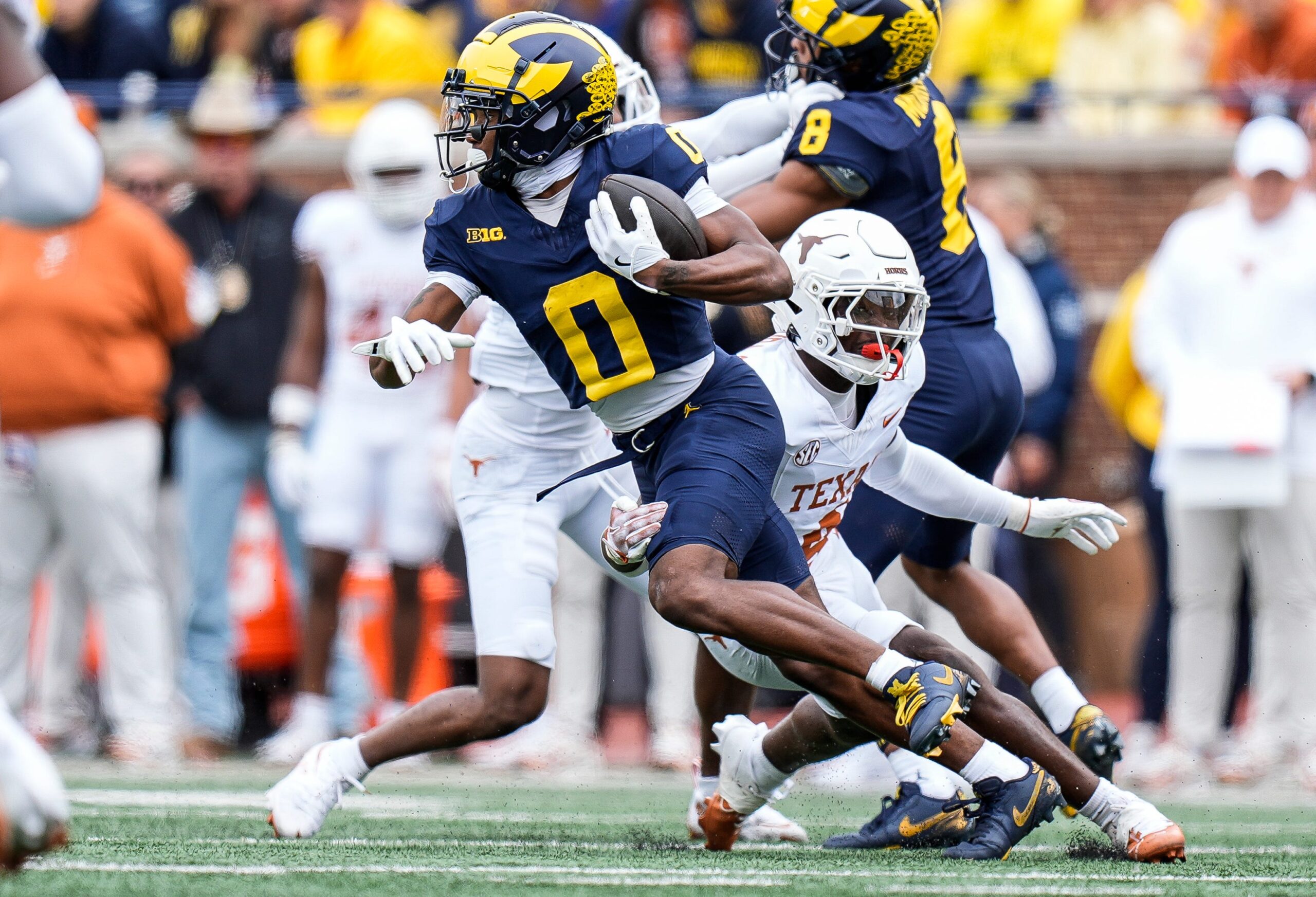 Michigan wide receiver Semaj Morgan (0) makes a catch against Texas during the first half at Michigan Stadium in Ann Arbor on Saturday, September 7, 2024.