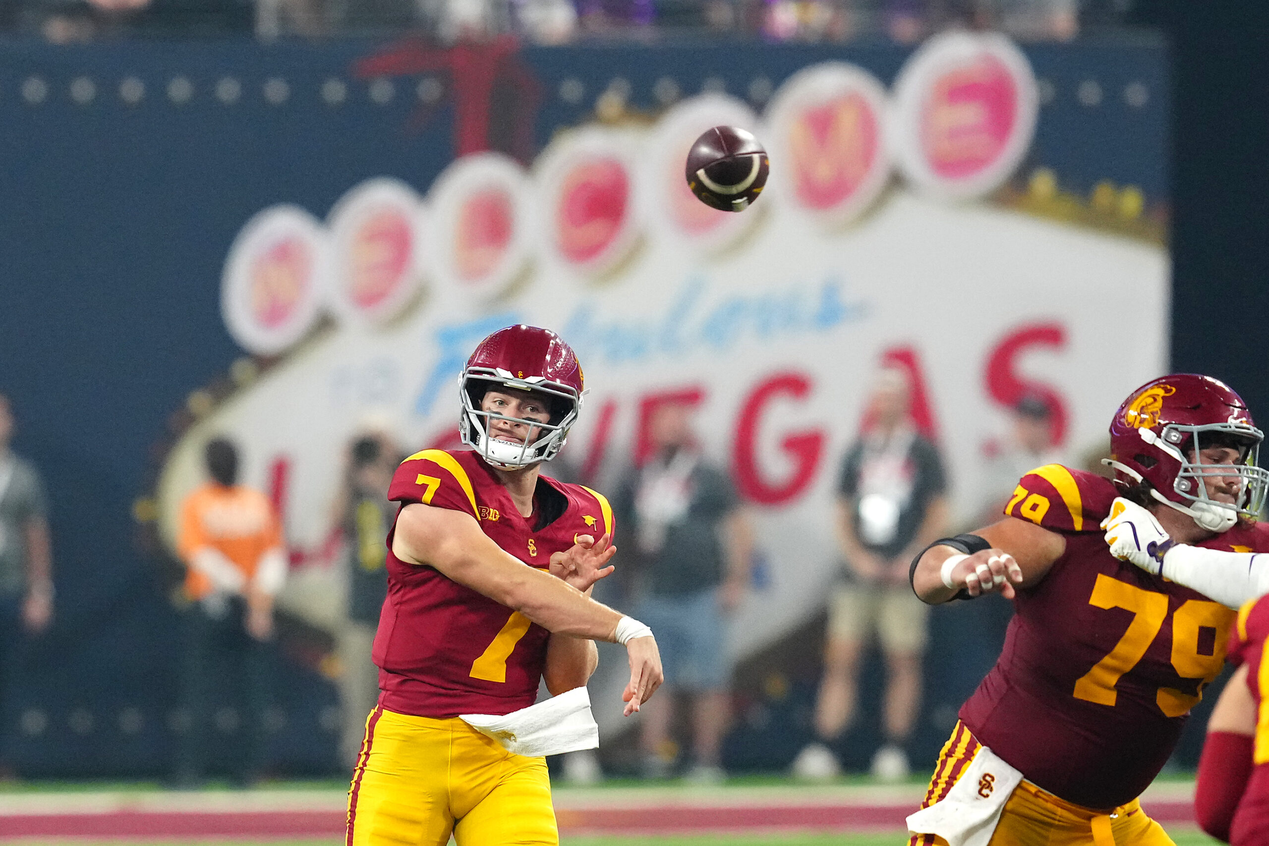 Sep 1, 2024; Paradise, Nevada, USA; Southern California Trojans quarterback Miller Moss (7) throws a pass against the LSU Tigers during the fourth quarter at Allegiant Stadium.