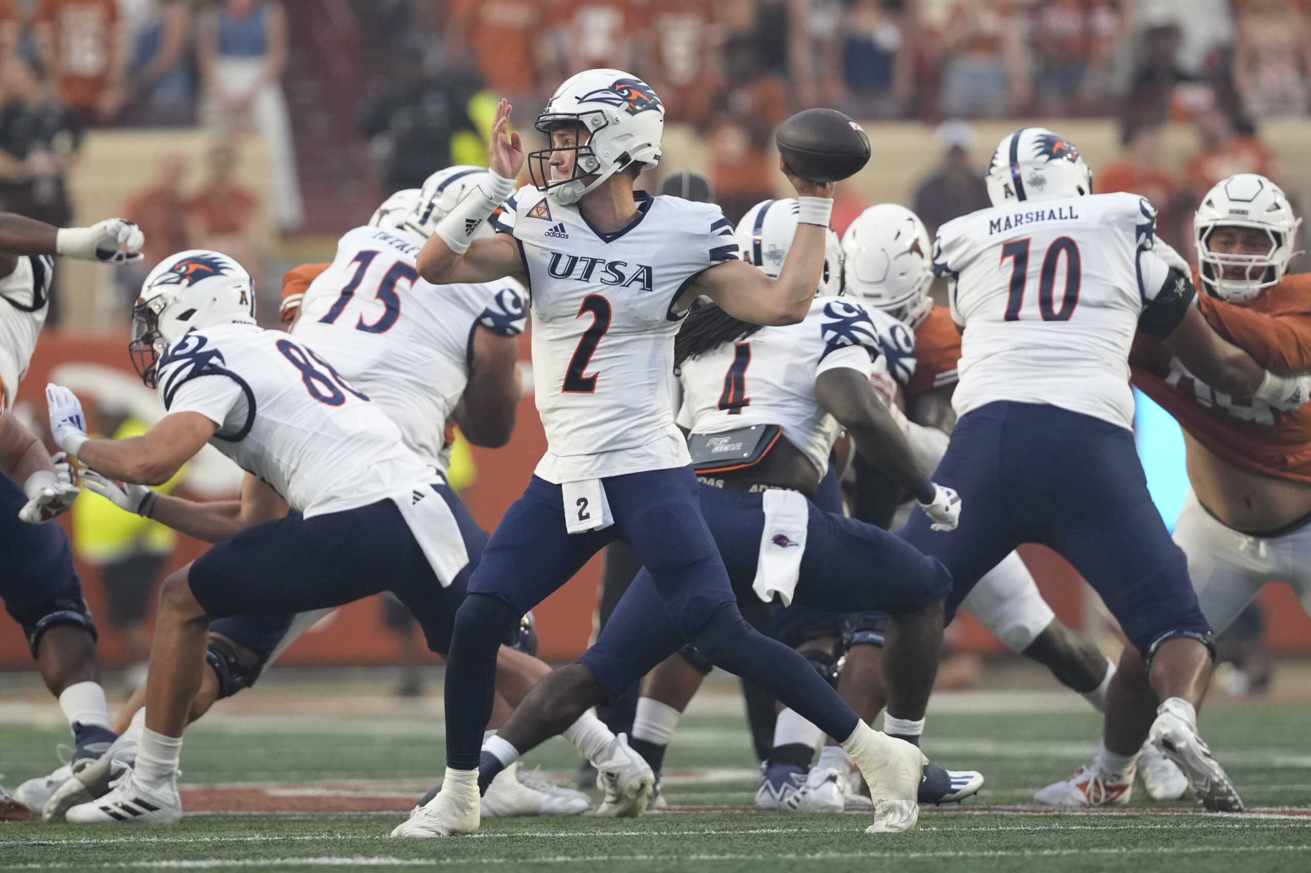 Sep 14, 2024; Austin, Texas, USA; Texas-San Antonio quarterback Owen McCown (2) throws a pass during the first half against Texas Longhorns at Darrell K Royal-Texas Memorial Stadium