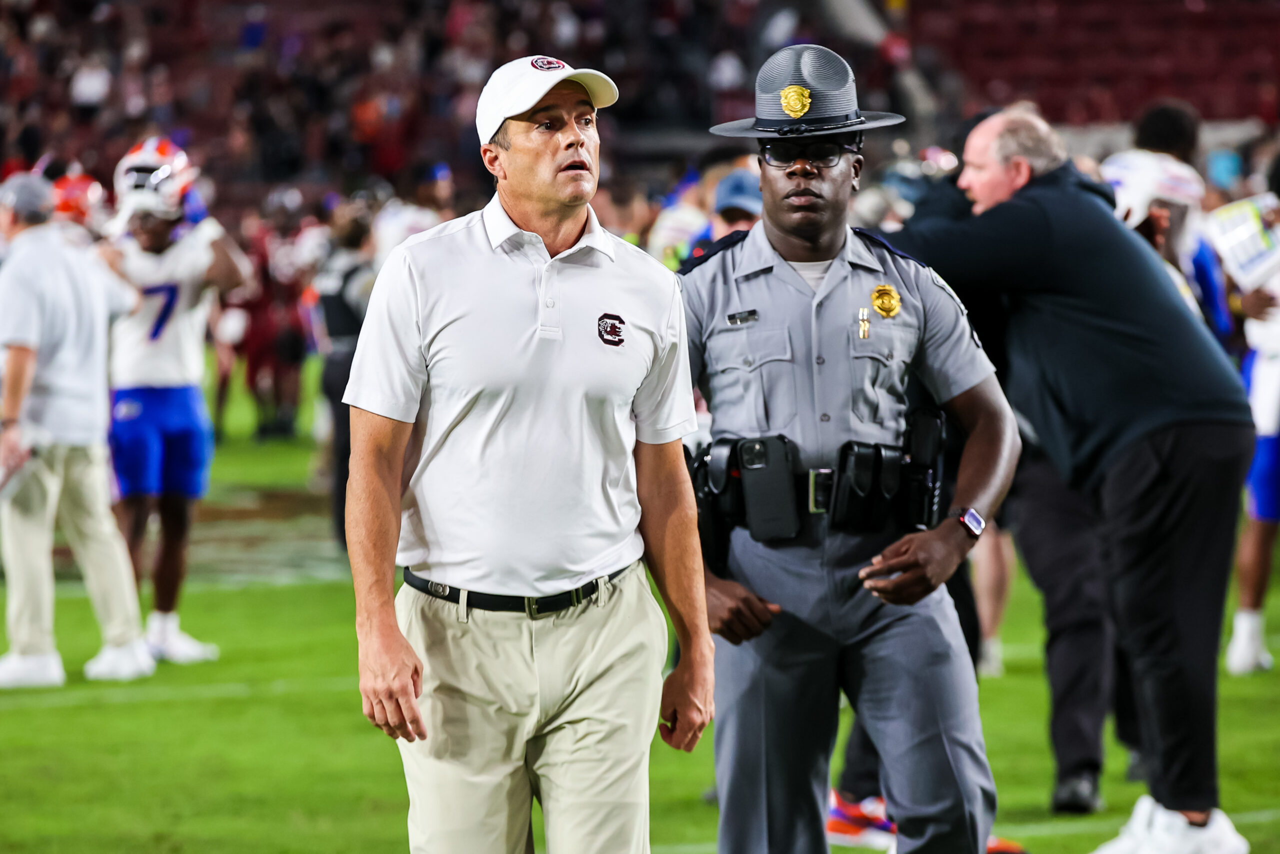 Oct 14, 2023; Columbia, South Carolina, USA; South Carolina Gamecocks head coach Shane Beamer walks off the field following a loss to the Florida Gators at Williams-Brice Stadium.