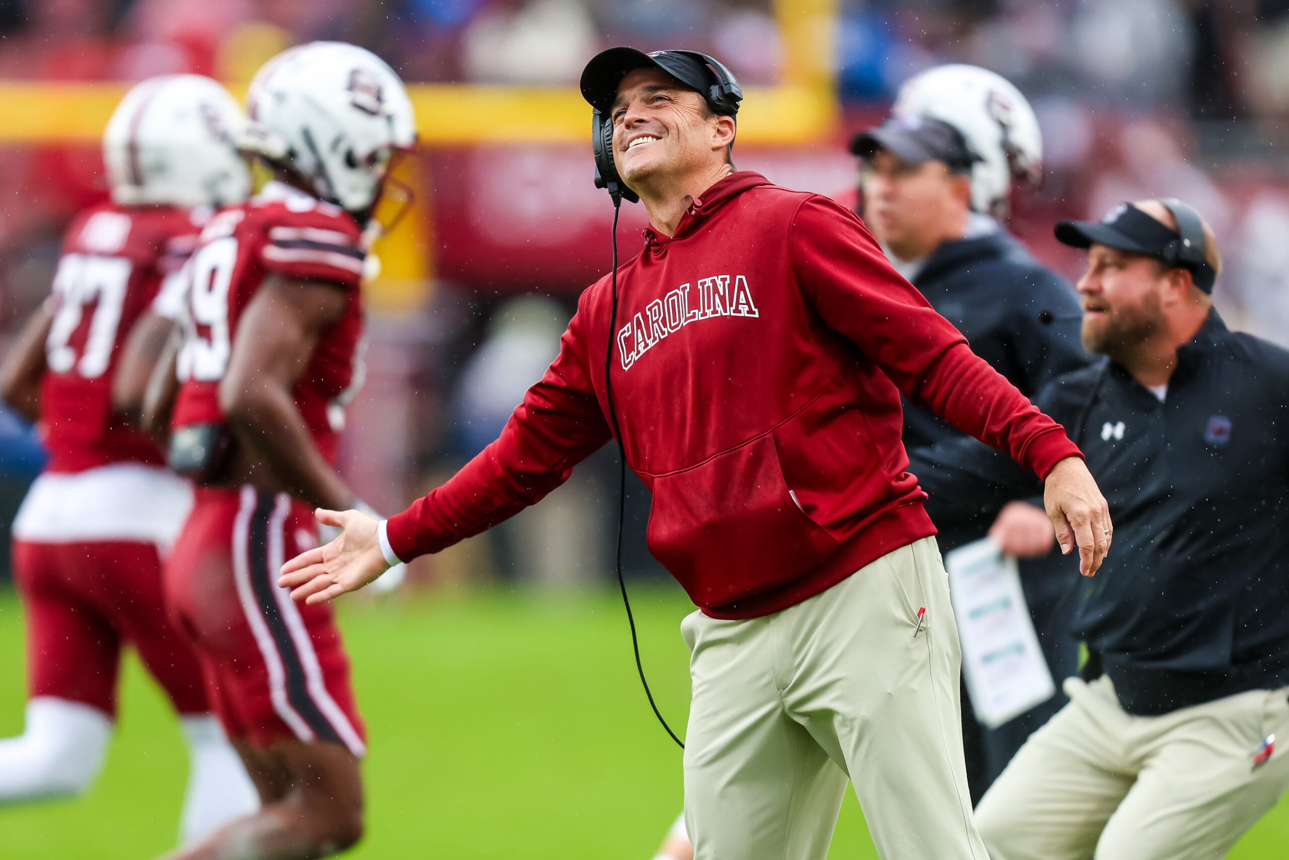 Aug 31, 2024; Columbia, South Carolina, USA; South Carolina Gamecocks head coach Shane Beamer reacts after a play against the Old Dominion Monarchs in the second half at Williams-Brice Stadium.