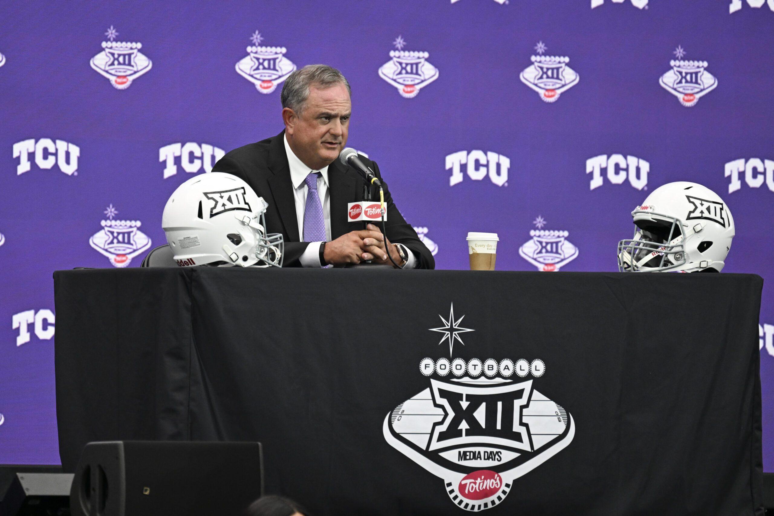 Oct 1, 2022; Fort Worth, Texas, USA; TCU Horned Frogs head coach Sonny Dykes reacts during the first half against the Oklahoma Sooners at Amon G. Carter Stadium.