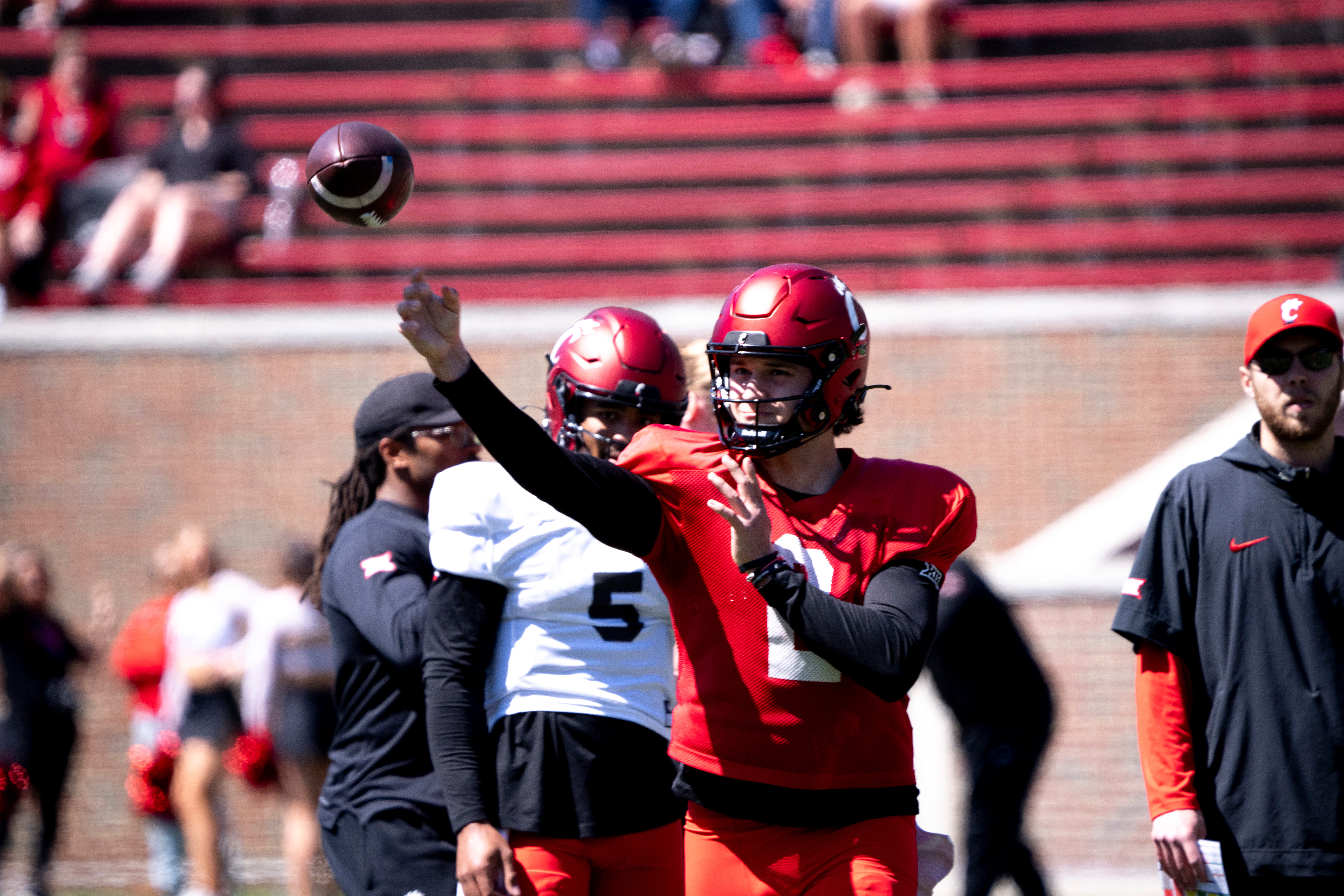 Cincinnati Bearcats quarterback Brendan Sorsby (2) throws a pass during the University of Cincinnati annual Red and Black Spring football game and practice at Nippert Stadium in Cincinnati on Saturday, April 13, 2024.