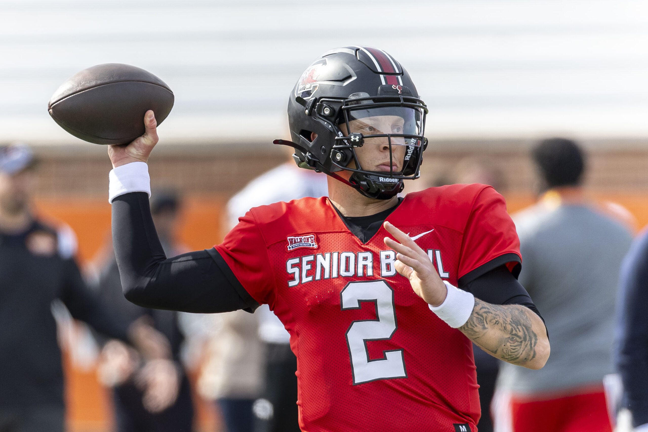 Feb 1, 2024; Mobile, AL, USA; American quarterback Spencer Rattler of South Carolina (2) throws the ball during practice for the American team at Hancock Whitney Stadium.